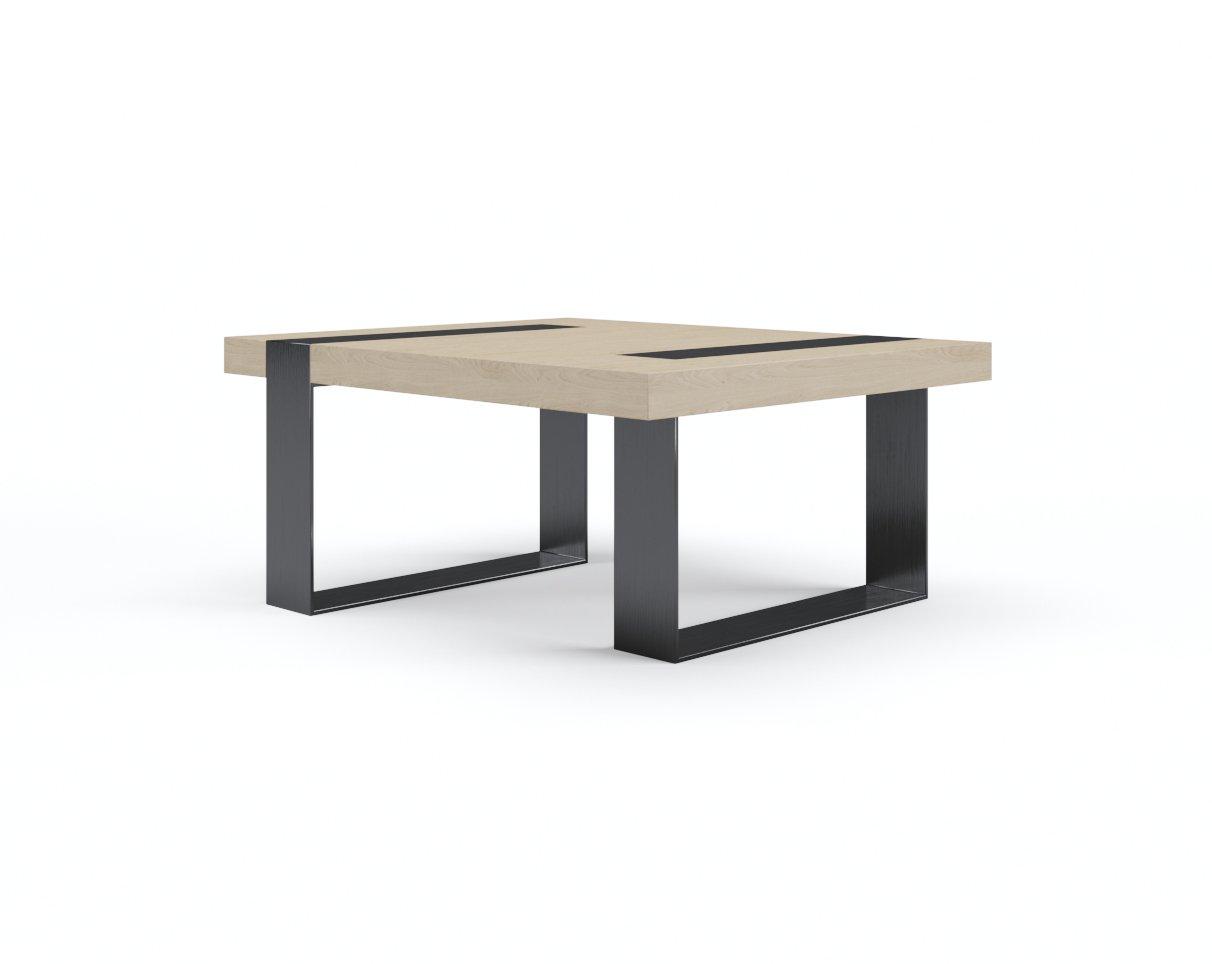 Minimalist block coffee table with a thick natural oak top, two inset black steel strips and paired black rectangular U-shaped steel legs on a white background.