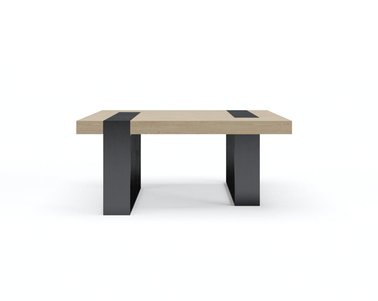 Front view of a modern block table with a natural oak rectangular top and two wide black steel legs that rise and form dark inset bands across the tabletop, shown on a white background.