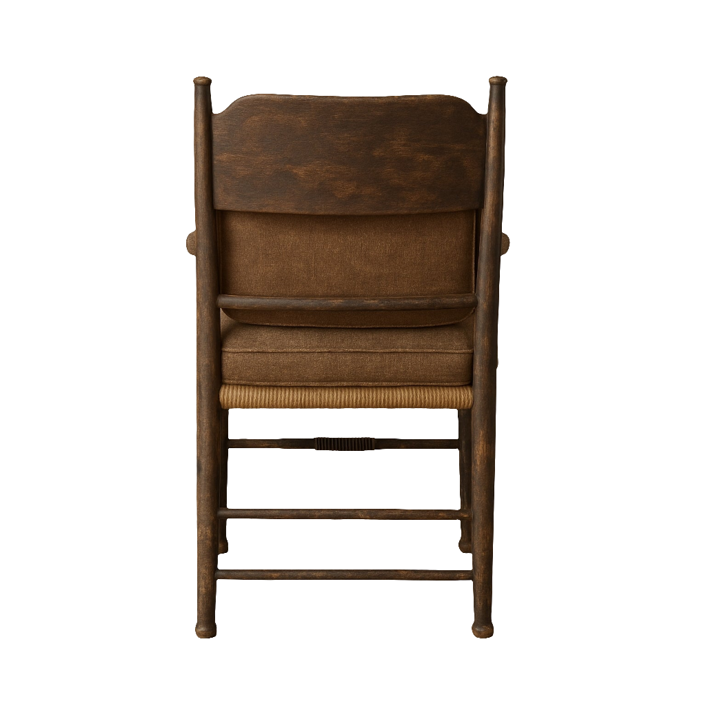 Rear view of an Amish-style solid wood dining chair with dark brown finish, upholstered brown fabric back, layered seat cushions over a woven seat and rounded spindle legs with stretchers.