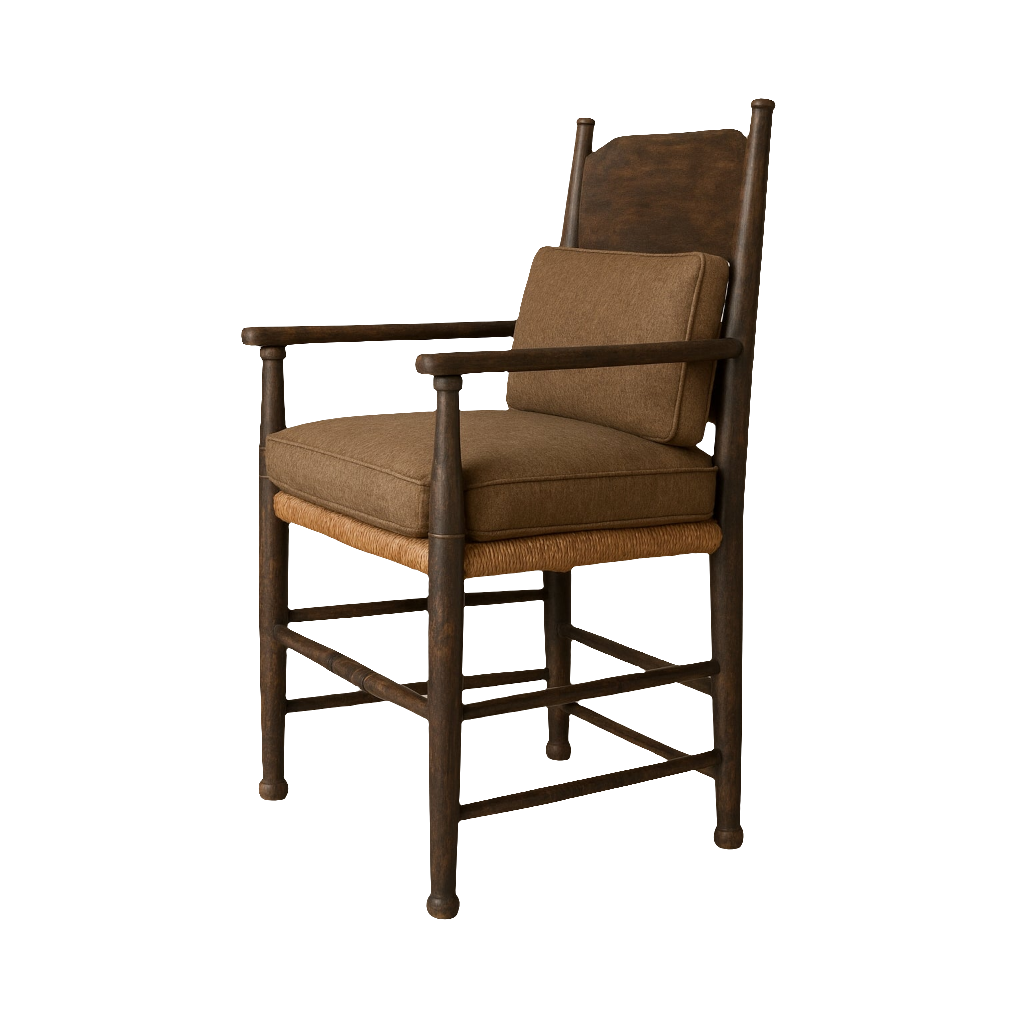 Amish-style farmhouse dining armchair with dark solid-wood frame, woven rush seat and brown upholstered seat cushion and lumbar pillow, shown on a white background.