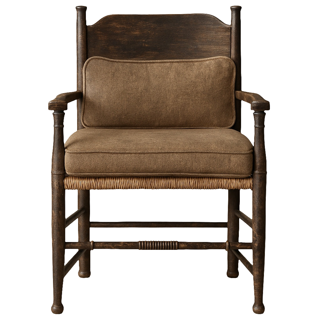 Front view of an Amish-style farmhouse dining armchair with a dark distressed wood frame, brown upholstered seat cushion and lumbar pillow, woven rush seat trim and turned wooden legs.