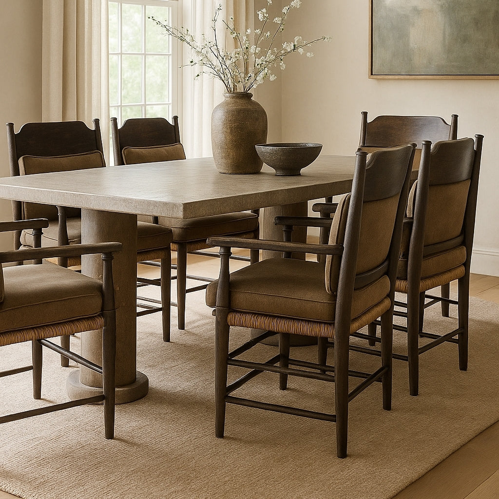 Six Amish-inspired solid wood dining chairs with brown upholstered cushions and woven seat detailing arranged around a rectangular pedestal dining table in a neutral farmhouse dining room with a vase and bowl on top.