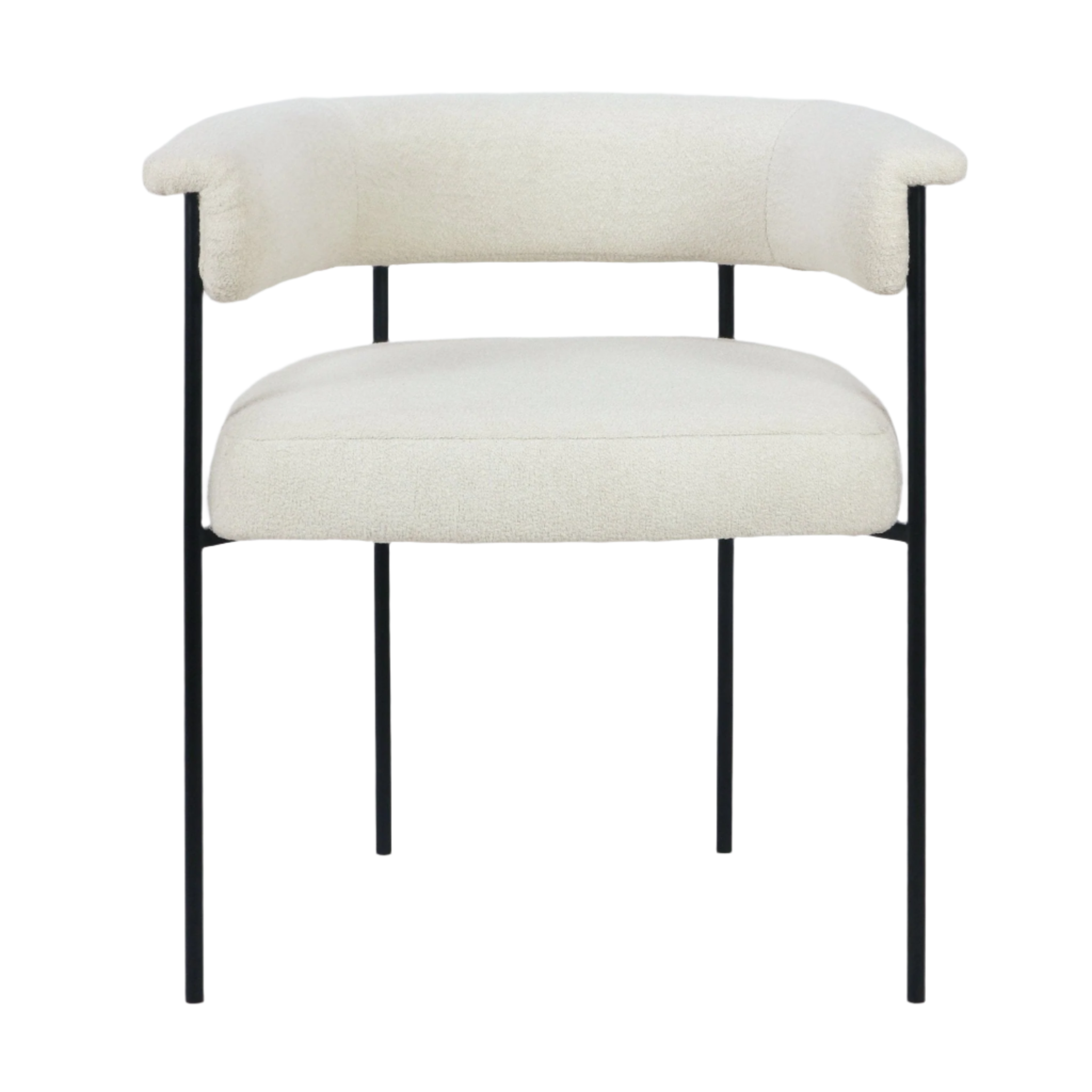 Front view of a cream boucle upholstered dining chair with a curved cushioned backrest, padded seat and slim black metal legs in a minimalist modern design.