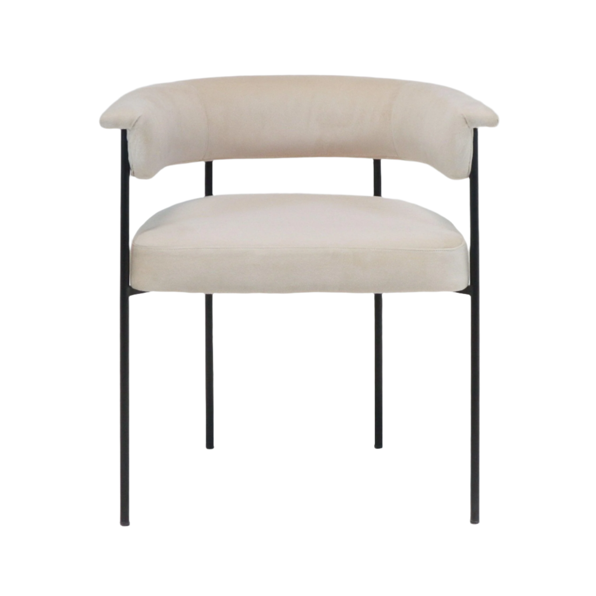 Front-facing cream boucle upholstered dining chair with a cushioned seat, curved wraparound backrest and slim black metal legs and frame on a white background.