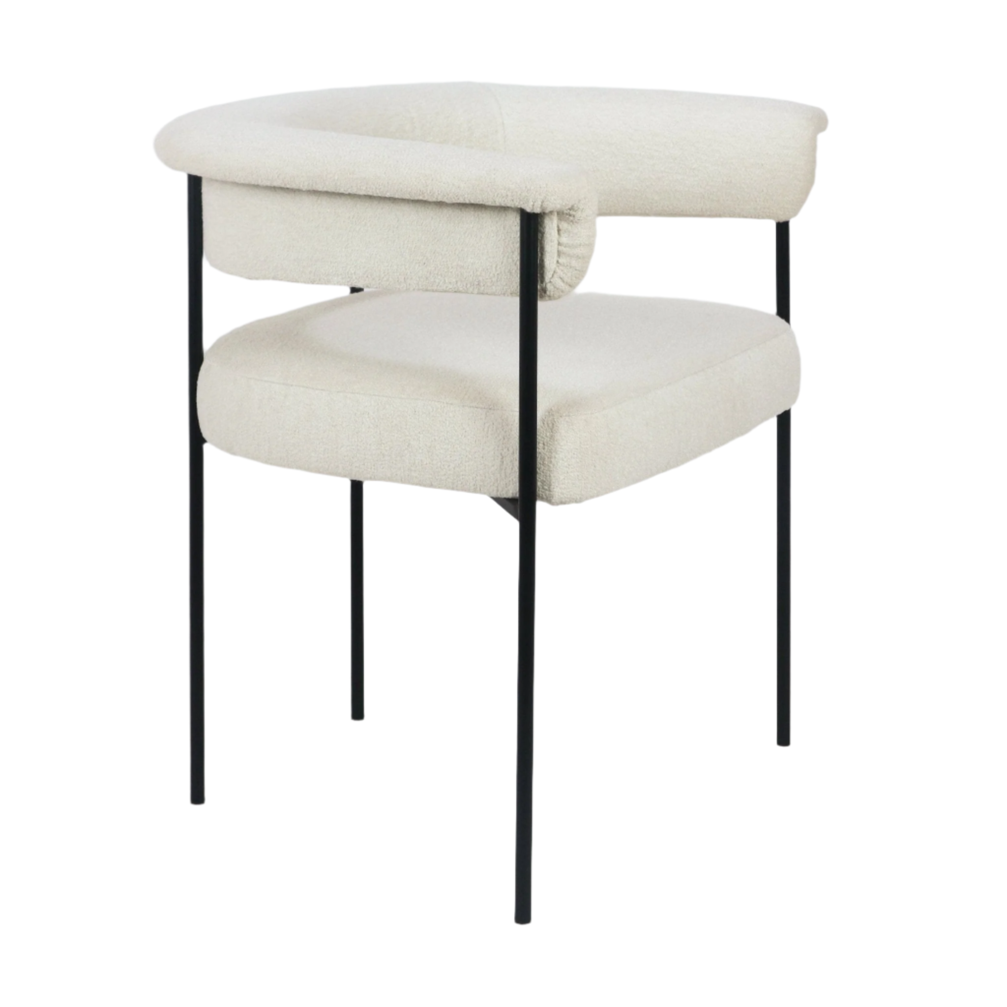 Cream boucle upholstered dining chair with a curved padded backrest, cushioned seat and slender black metal legs in a minimalist modern style.