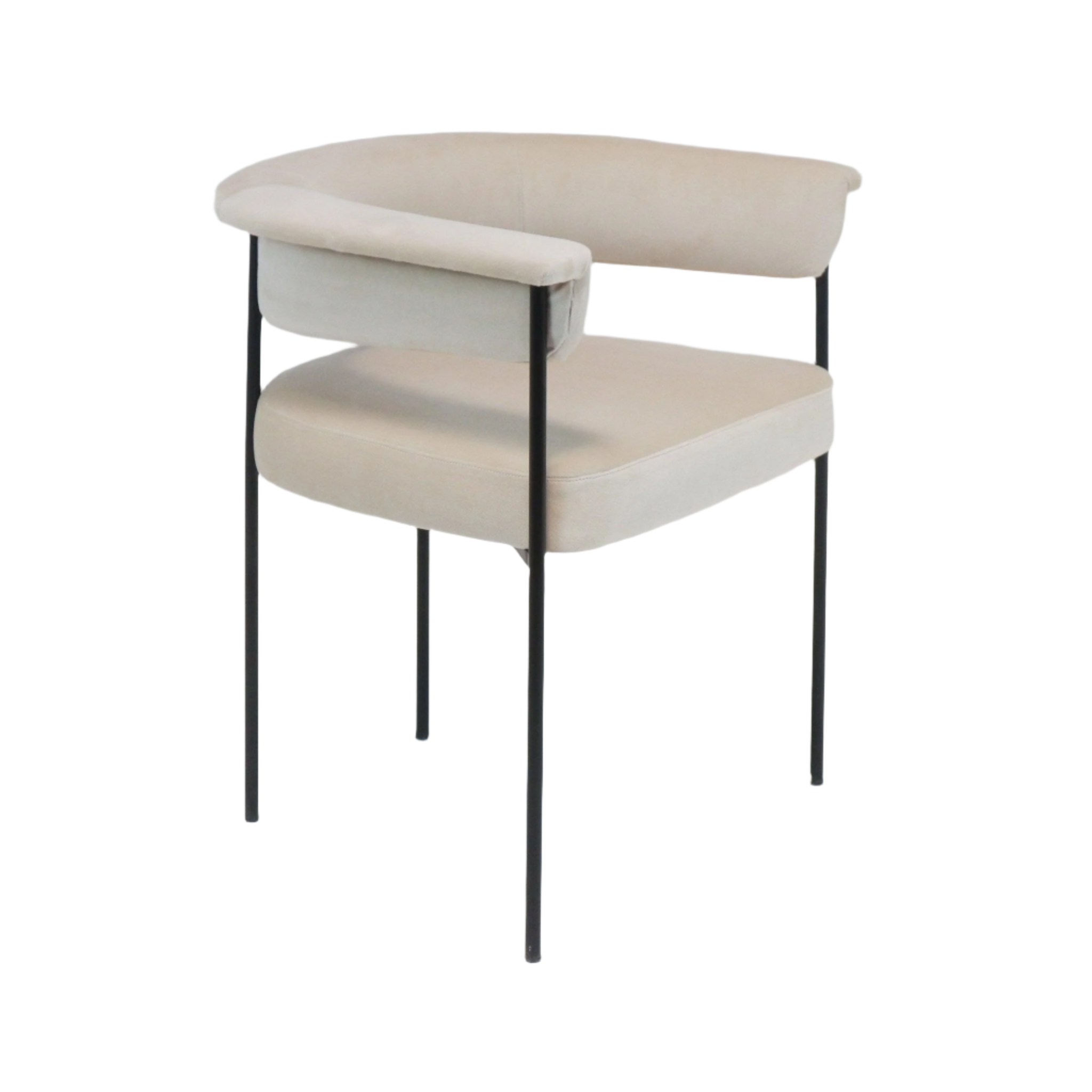 Cream boucle-upholstered dining chair with a curved backrest, low integrated arms and slim black metal legs, photographed against a white background.