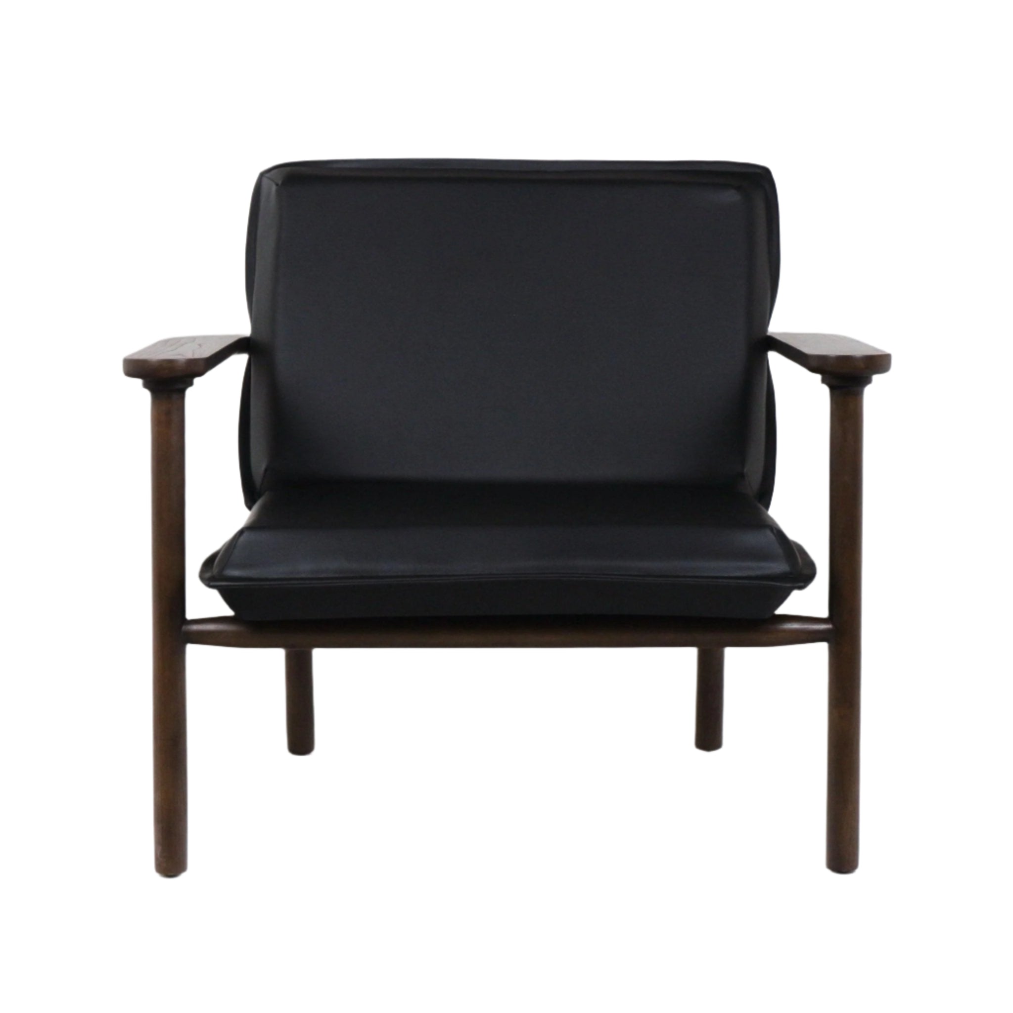 Front view of a modern mid-century lounge chair with black faux leather seat and back cushions on a warm solid wood frame with exposed armrests and round legs.