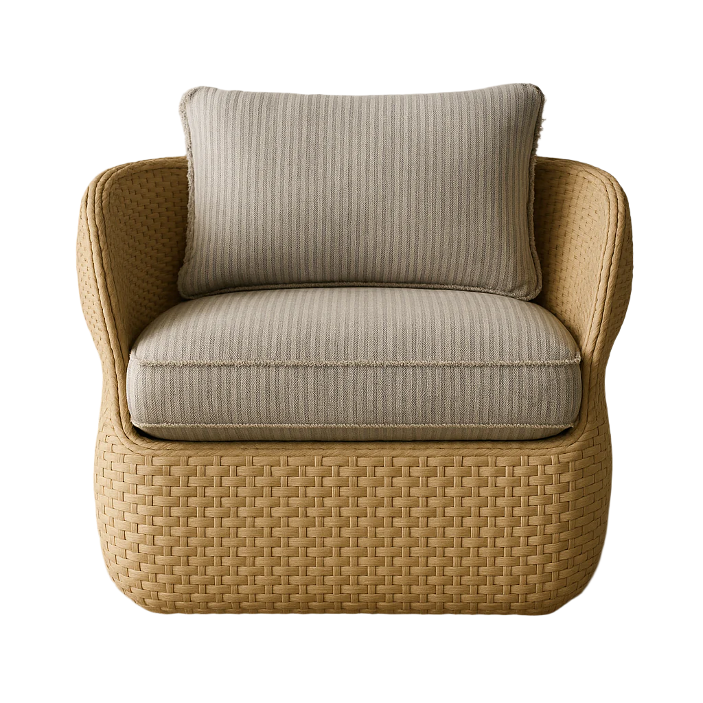 Front view of a natural all-weather woven rattan outdoor accent chair with rounded arms, taupe ribbed upholstered seat cushion and matching back pillow.