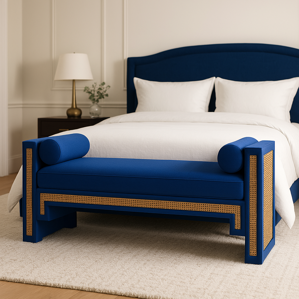 Blue upholstered end-of-bed bench with natural rattan cane insets, round bolster arms and solid wood frame, styled at the foot of a bed in a neutral contemporary bedroom.