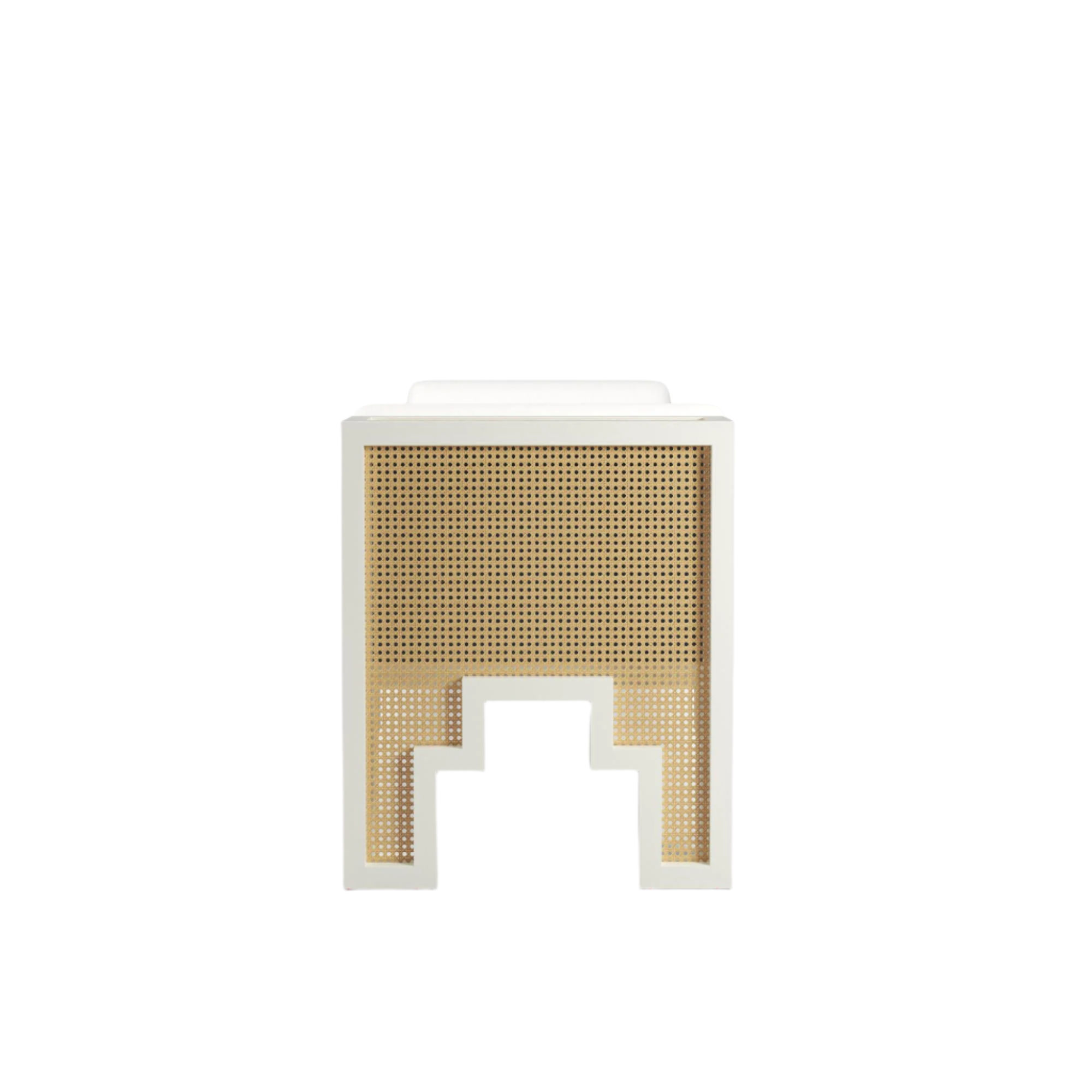 Front-facing white wooden end-of-bed bench with a natural woven rattan cane front panel, stepped cut-out base and a white upholstered seat cushion, boho-contemporary indoor seating.