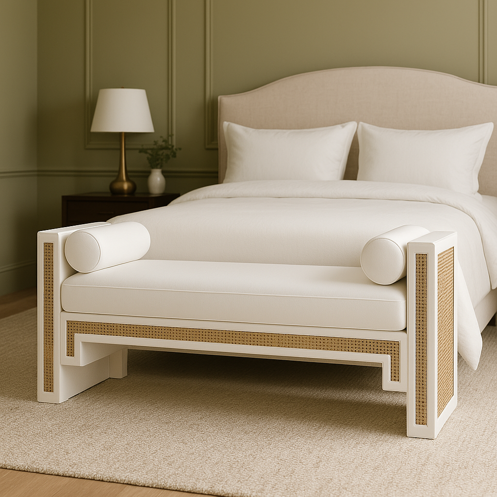 White solid-wood end-of-bed bench with natural rattan cane panels, upholstered white fabric seat and two round bolster pillows, styled in a neutral boho bedroom at the foot of the bed.
