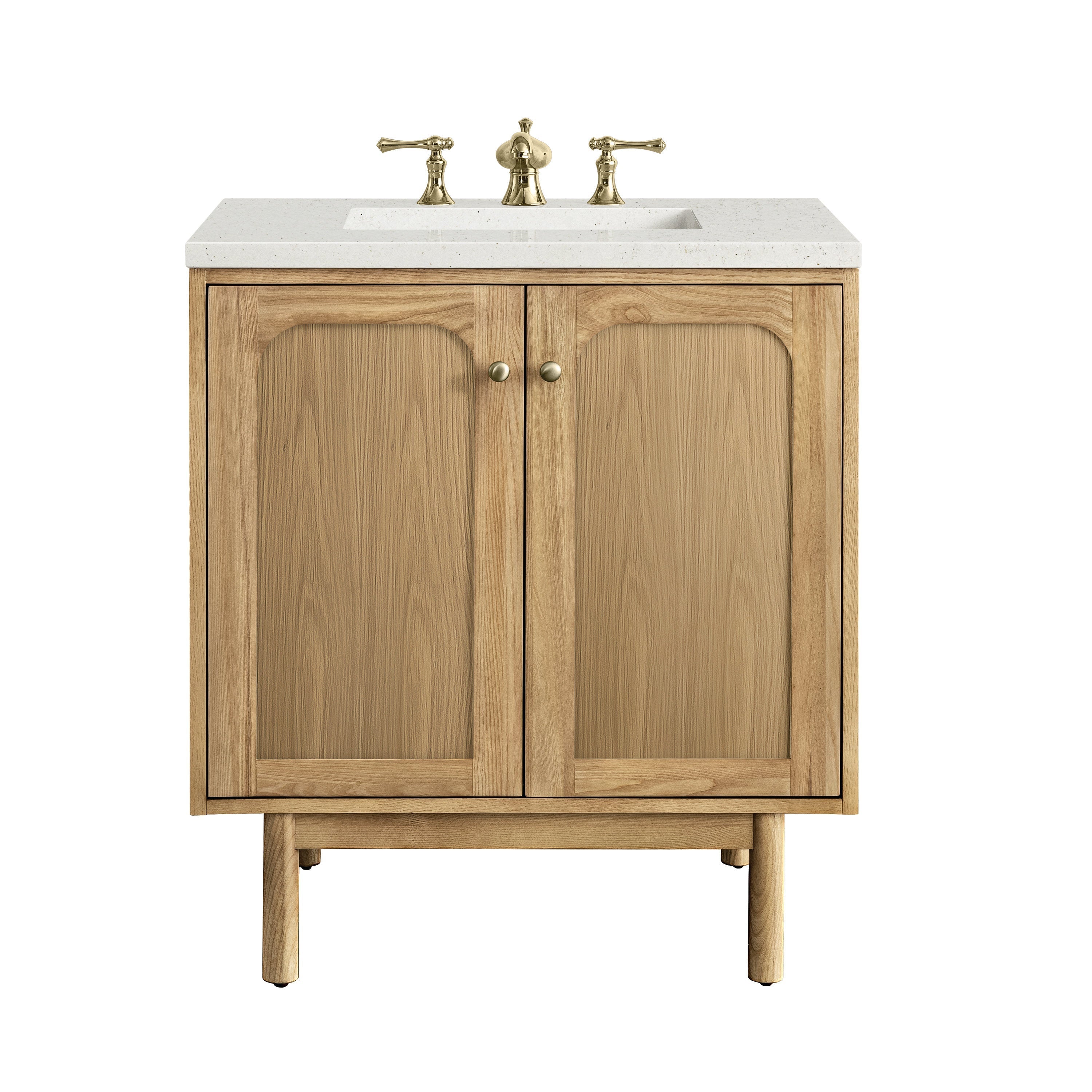 30-inch freestanding natural wood bathroom vanity with a light stone quartz top, rectangular undermount sink, three-piece brass widespread faucet, two paneled cabinet doors with round brass knobs and tapered legs.