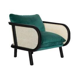 Contemporary lounge chair with a black wooden frame, curved woven cane back and sides, and a deep teal-green upholstered seat cushion with a matching loose back cushion.