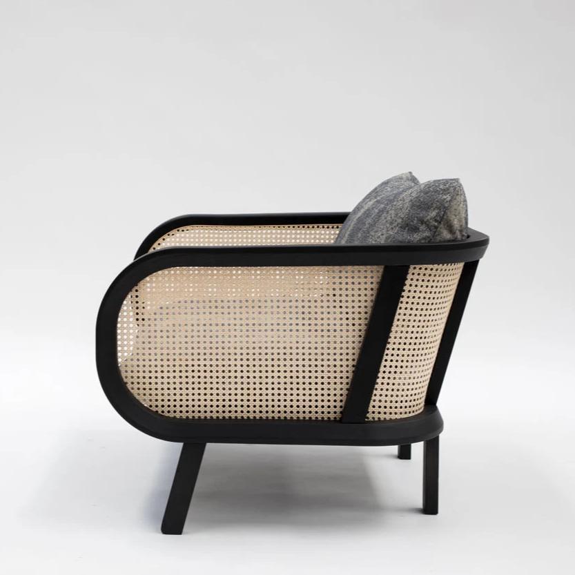Side view of a modern cane accent chair with a black wooden frame, natural woven cane back and sides, and two gray textured fabric cushions on tapered legs against a plain light background.