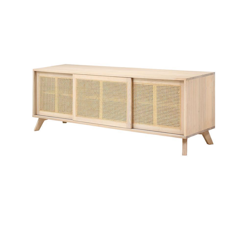 Light natural wood console with three sliding doors inset with woven cane rattan panels, angled tapered legs and a low mid-century modern rectangular silhouette shown on a white background.