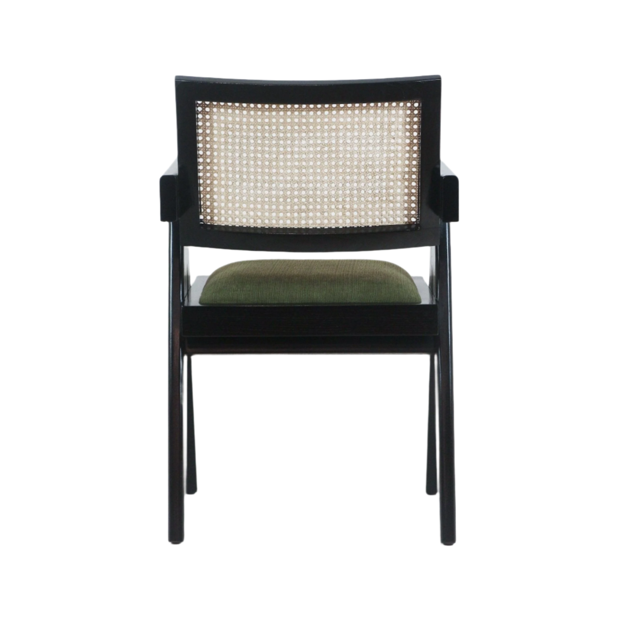 Rear view of a black wood dining chair with a natural woven cane back and olive-green upholstered fabric seat, slender legs and squared arm supports in a modern mid-century silhouette.