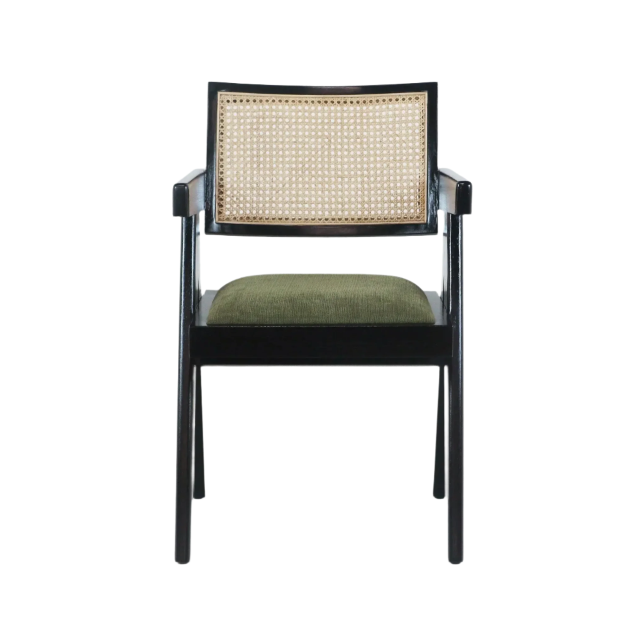 Front view of a mid-century modern dining chair with a black wood frame, natural woven cane backrest and an olive-green upholstered seat cushion, slim armrests and straight legs on a white background.