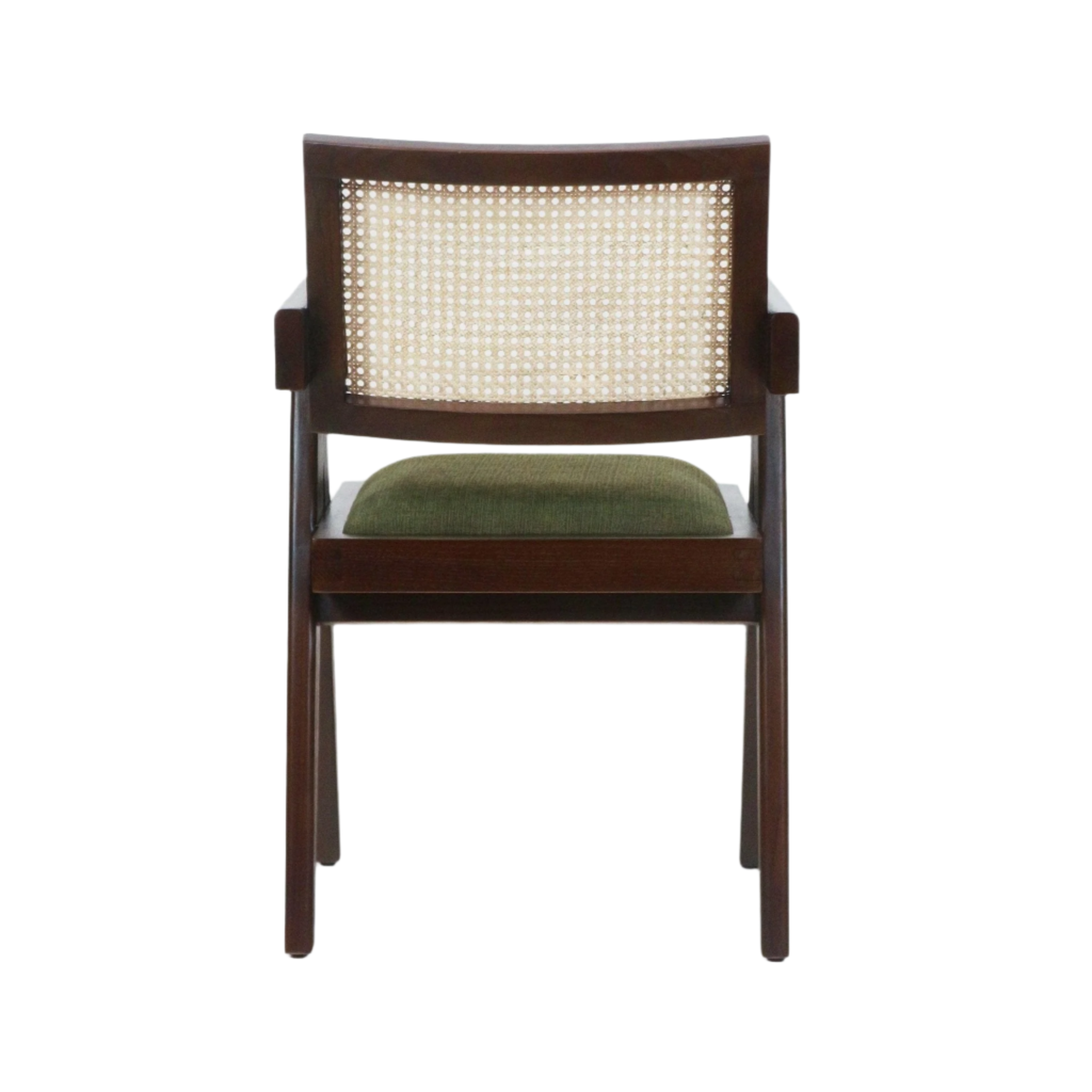 Rear view of a mid-century modern dining chair with a walnut wood frame, woven natural cane back and olive-green upholstered seat cushion.