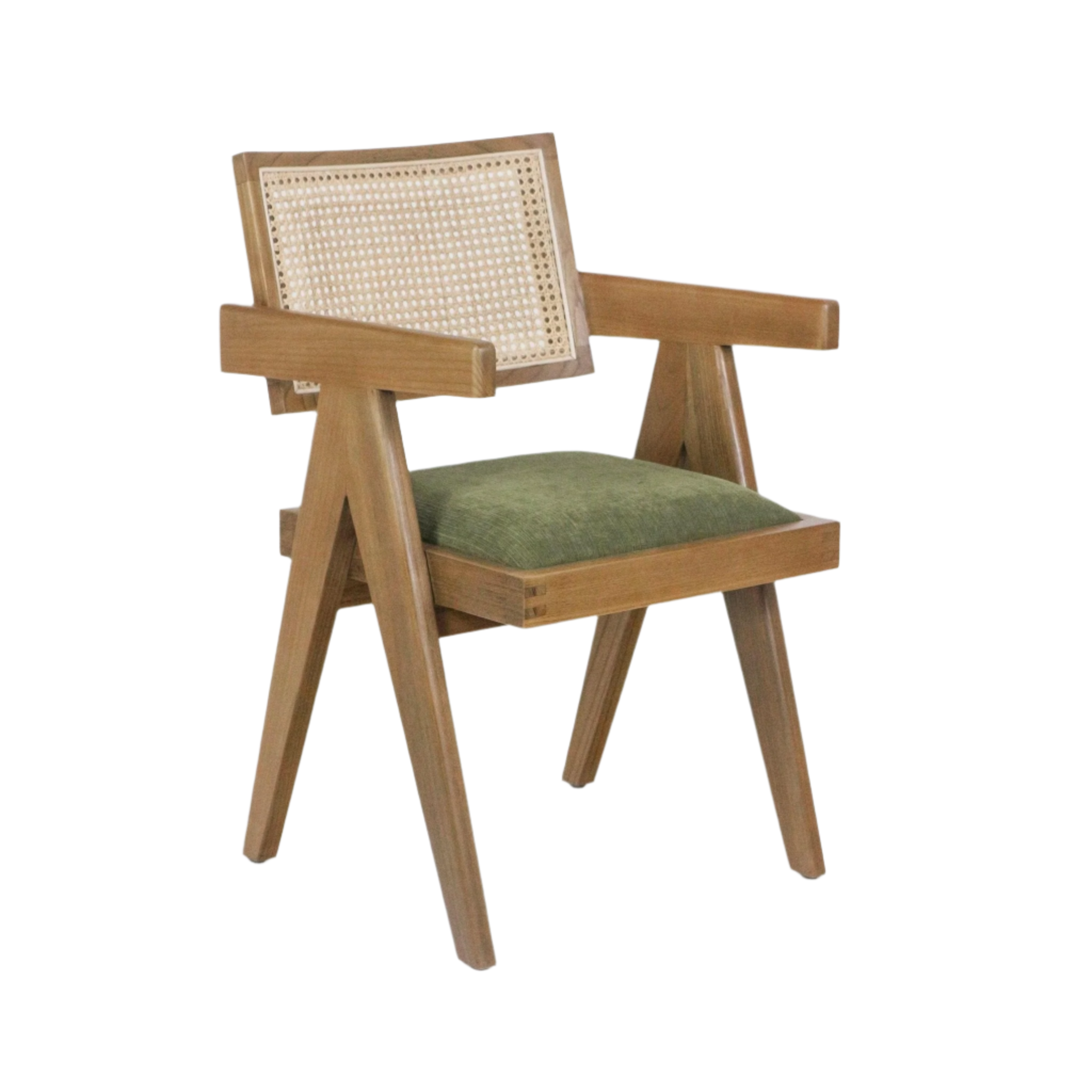 Mid-century modern dining chair with a natural wood frame, woven cane back, angled legs and armrests, and a green upholstered seat cushion.