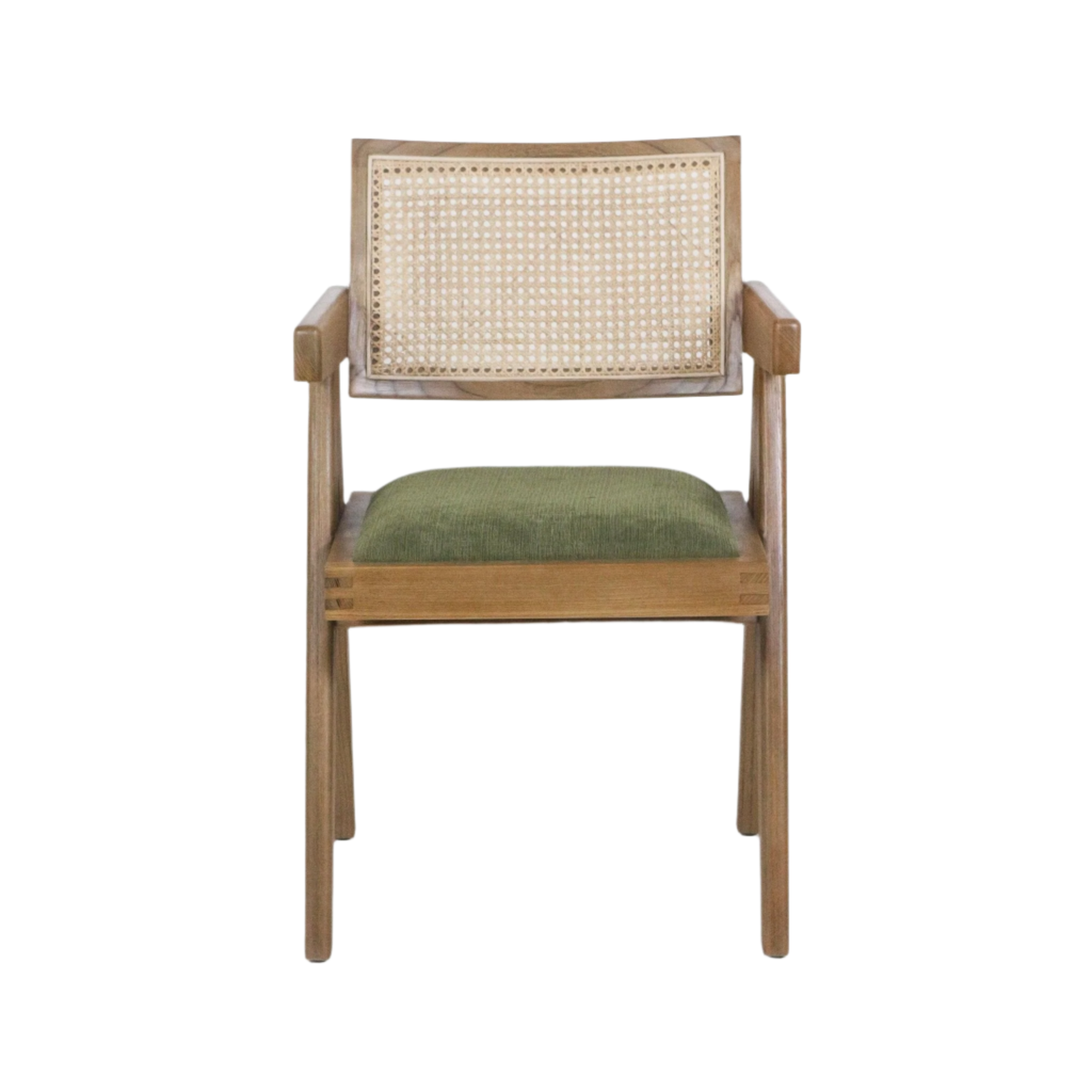 Front view of a natural wood dining chair with a woven cane back and olive-green upholstered seat cushion, slim square arms and a mid-century modern frame.