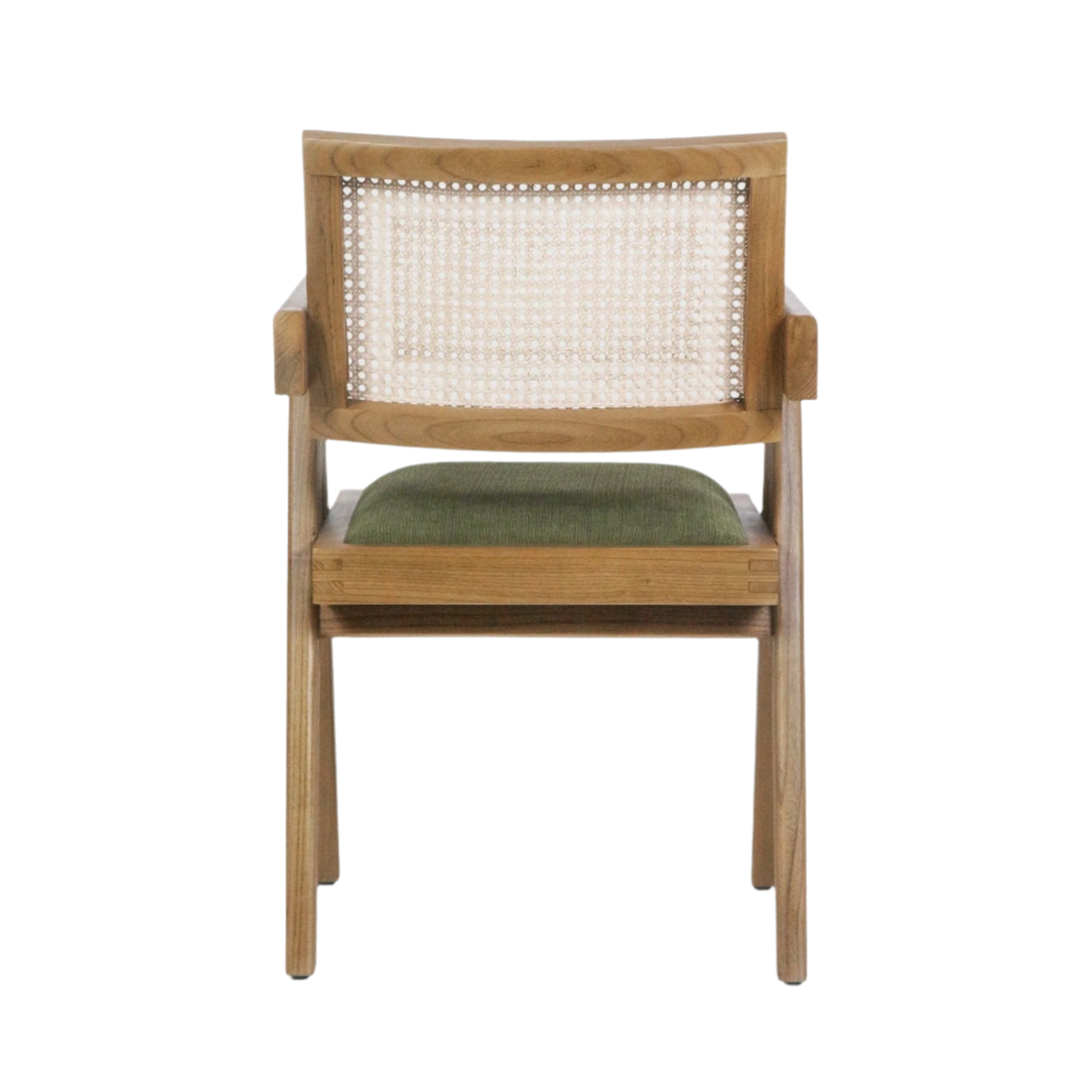 Rear view of a natural wood dining chair with a woven cane back, short wooden arms and a green upholstered seat cushion, reflecting a mid-century modern style.
