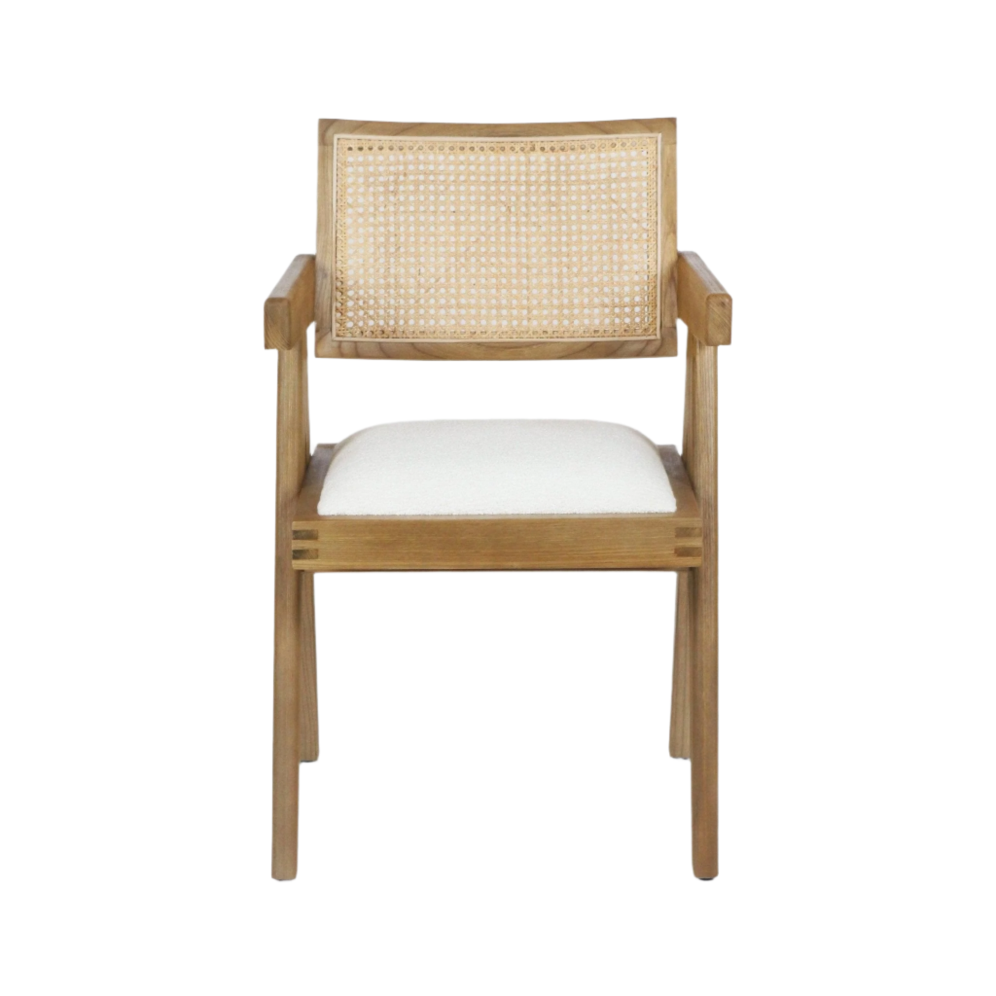 Front view of a natural wood dining chair with a woven cane back, square wooden arms and an off-white upholstered seat cushion in a mid-century modern silhouette.