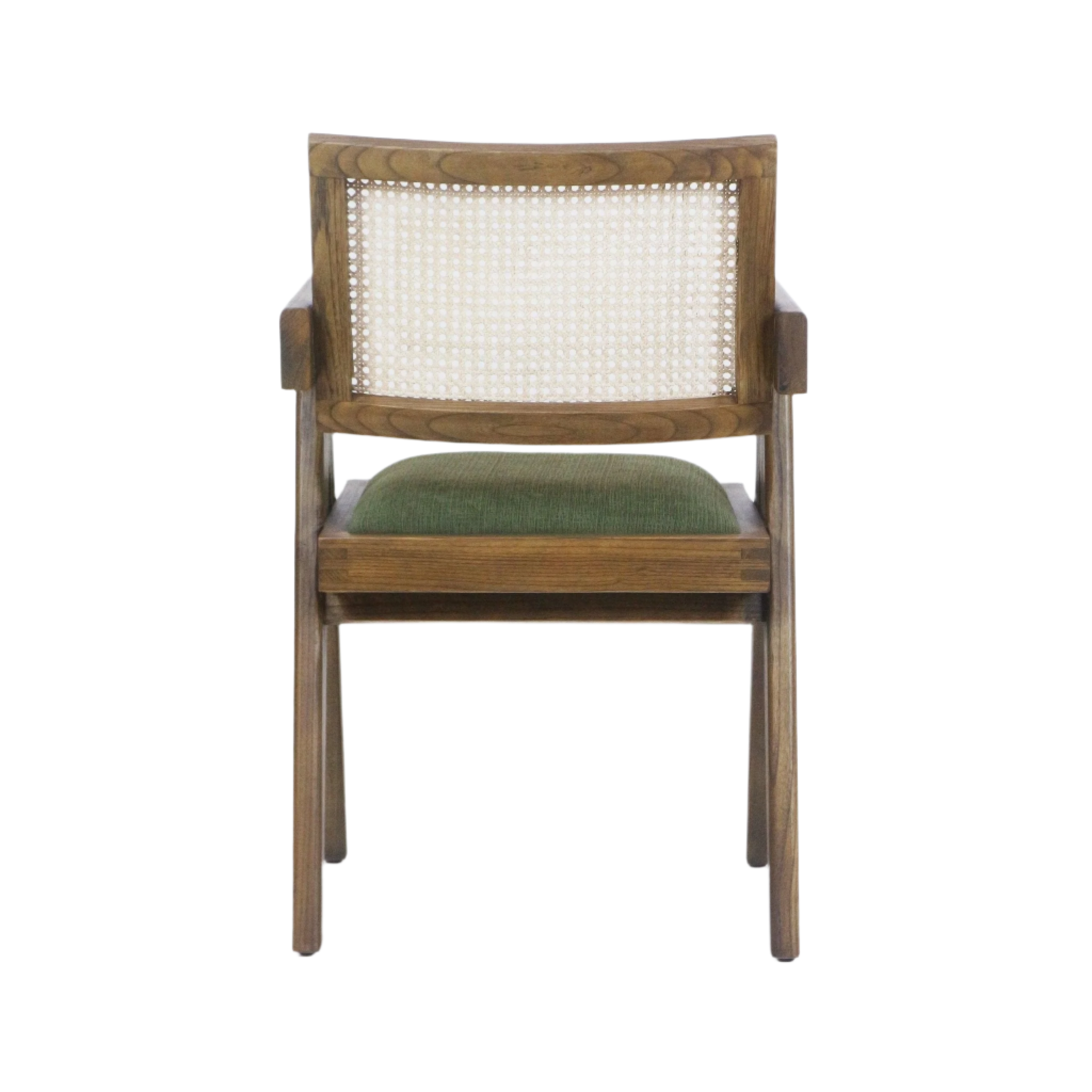 Rear view of a mid-century modern dining chair with a natural wood frame, woven cane backrest, short wooden arms and a green upholstered fabric seat cushion.
