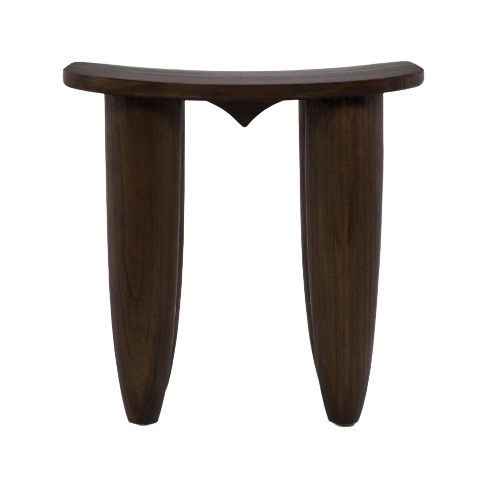 Modern side table in dark mahogany solid wood with a gently curved rectangular top, two thick rounded tapered legs and a subtle center notch, photographed against a plain white background.