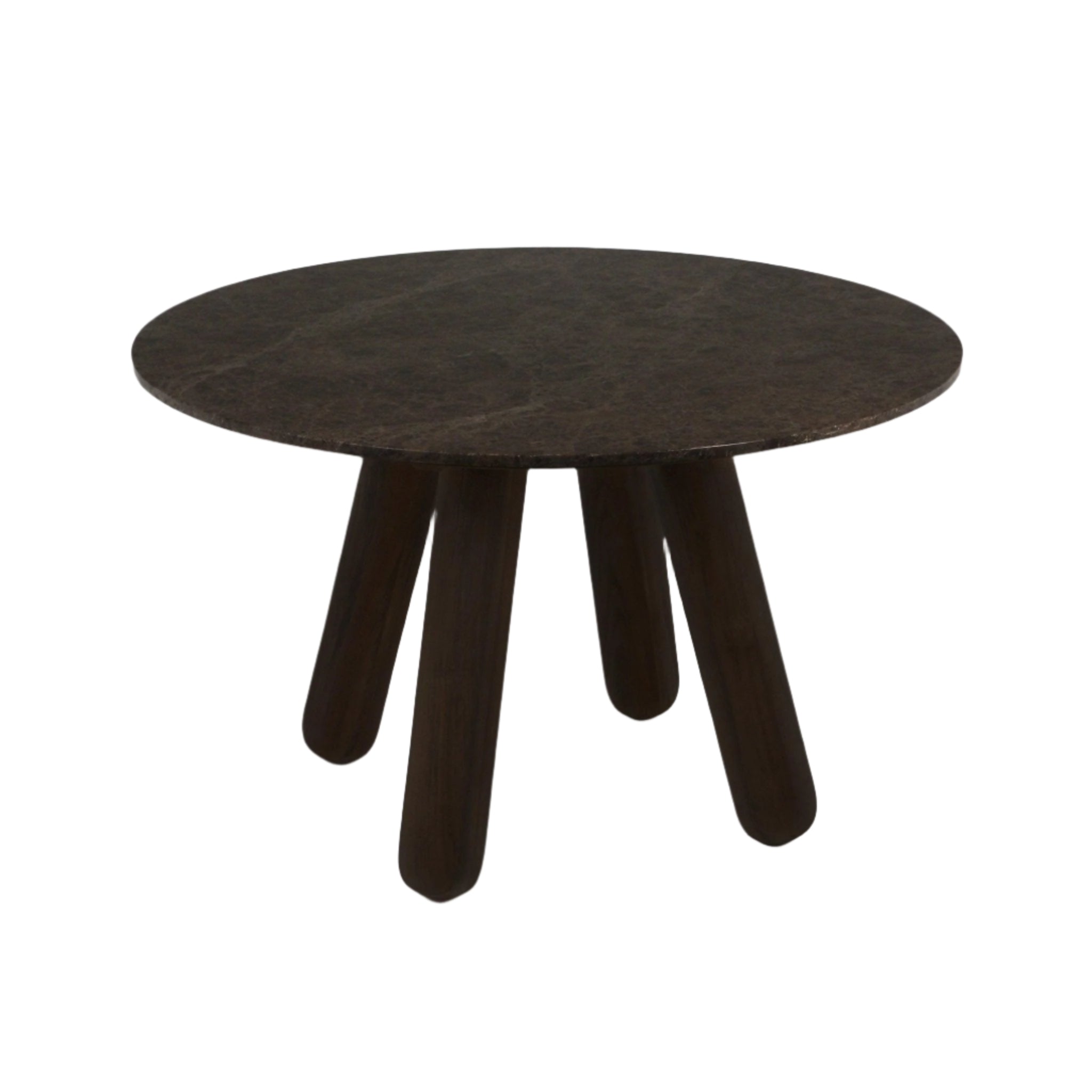 Round dining table with a dark marble tabletop and solid mahogany wood tapered legs, finished in a contemporary glam style.