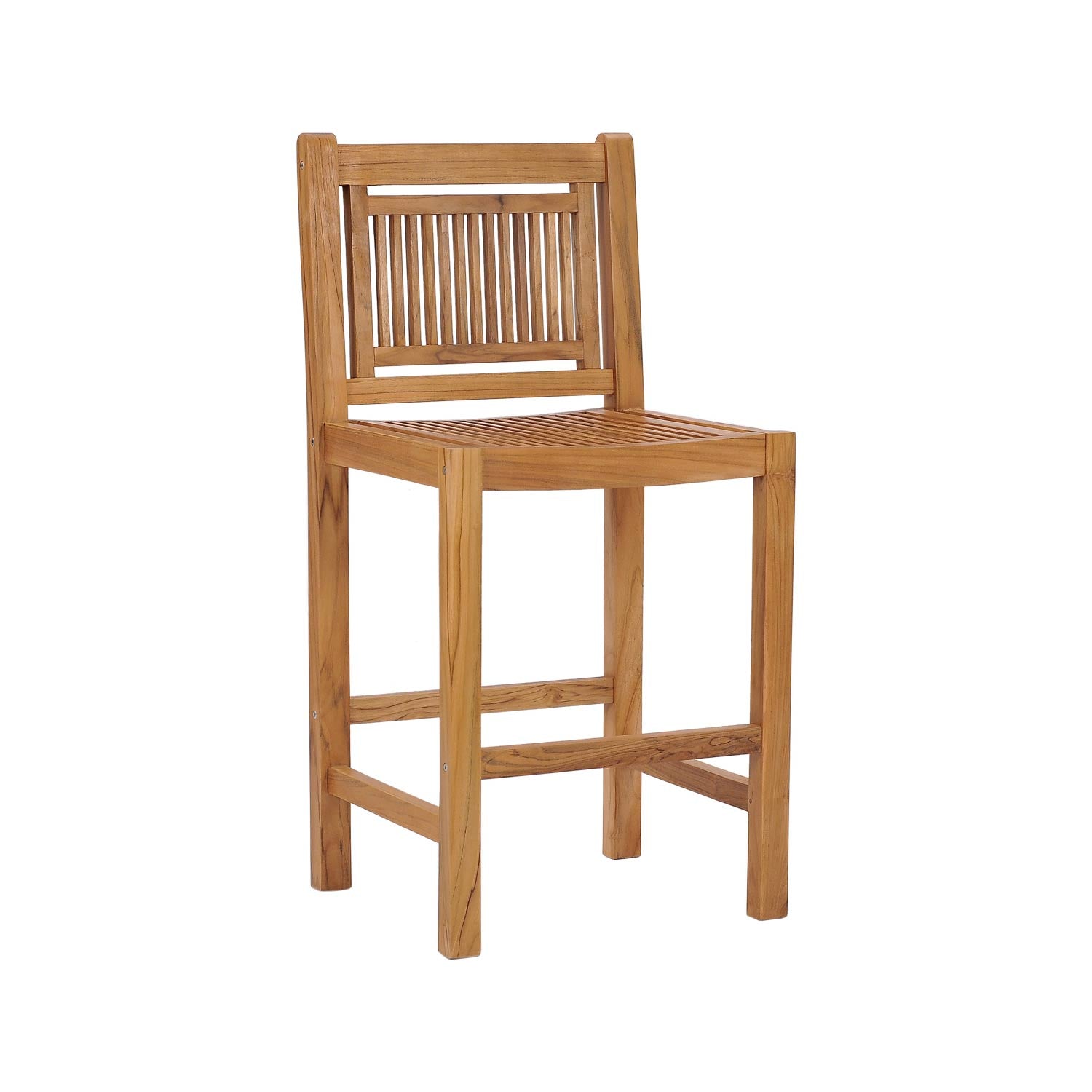 Armless teak outdoor bar stool in a natural finish with a slatted seat and ladder-style back, square solid wood legs and horizontal footrest rails, coastal design suited for patio or outdoor bar seating.