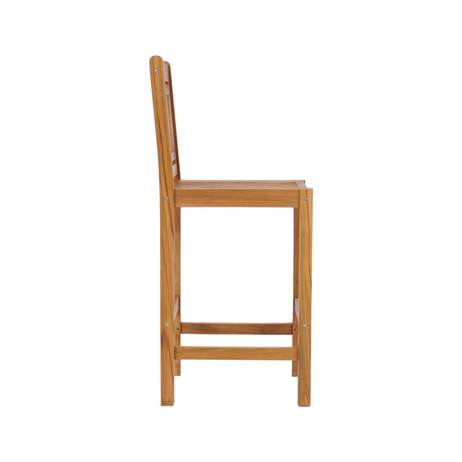 Side view of an armless teak outdoor bar stool in a natural finish, solid wood slatted seat with straight square legs and a built-in footrest, coastal-style outdoor seating.