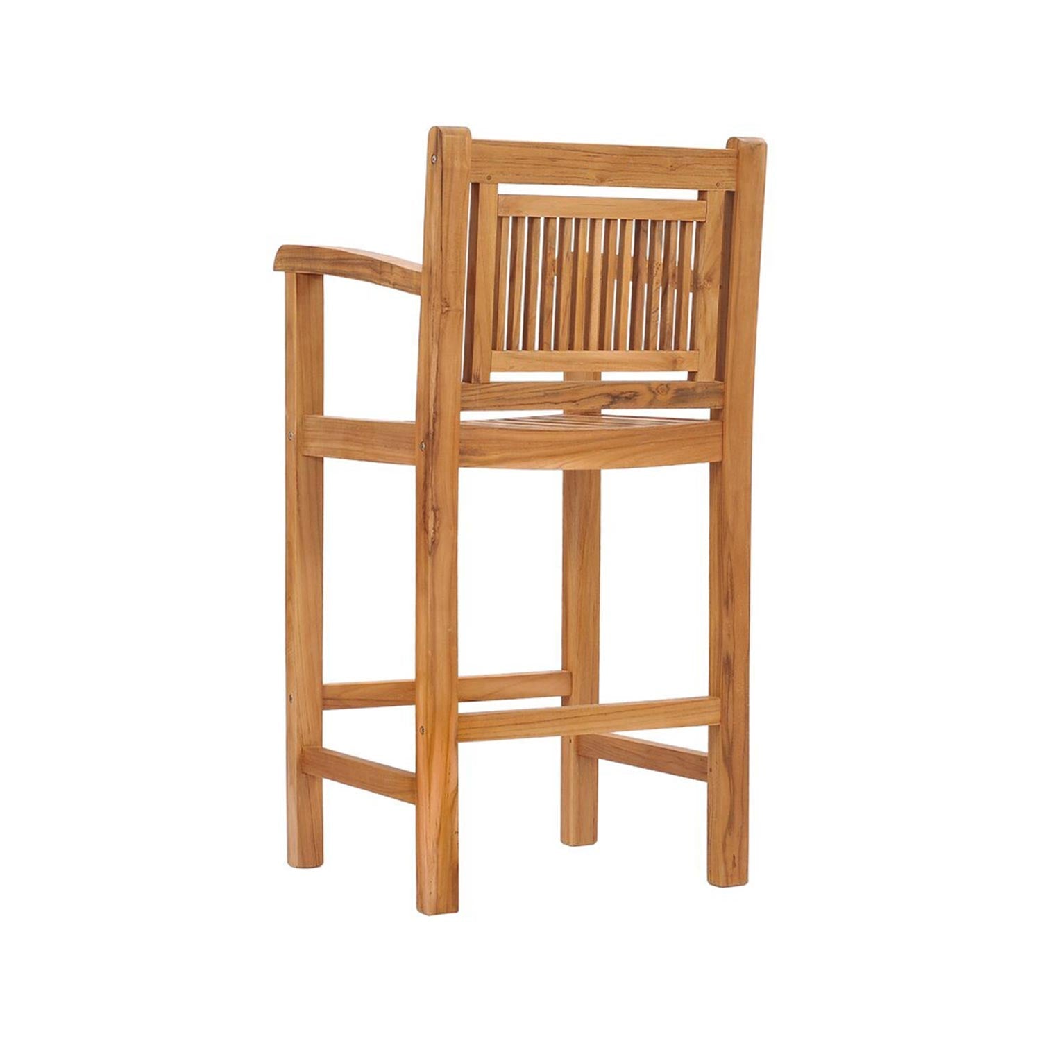 Natural teak outdoor bar stool with a solid wood frame, slatted back panel, curved armrests and built-in footrest, shown in a natural teak finish on a white background.