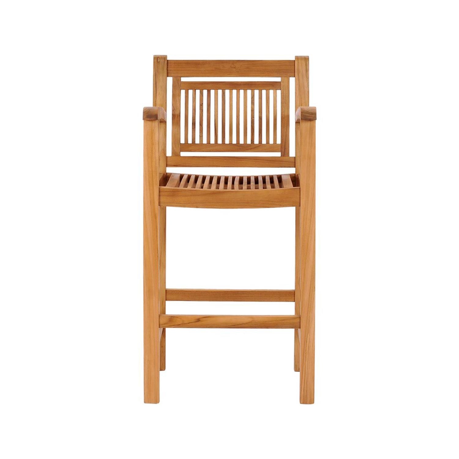 Front view of a natural teak solid-wood outdoor bar stool in coastal-contemporary style, featuring a slatted seat and slatted back, square armrests and straight stretchered legs.