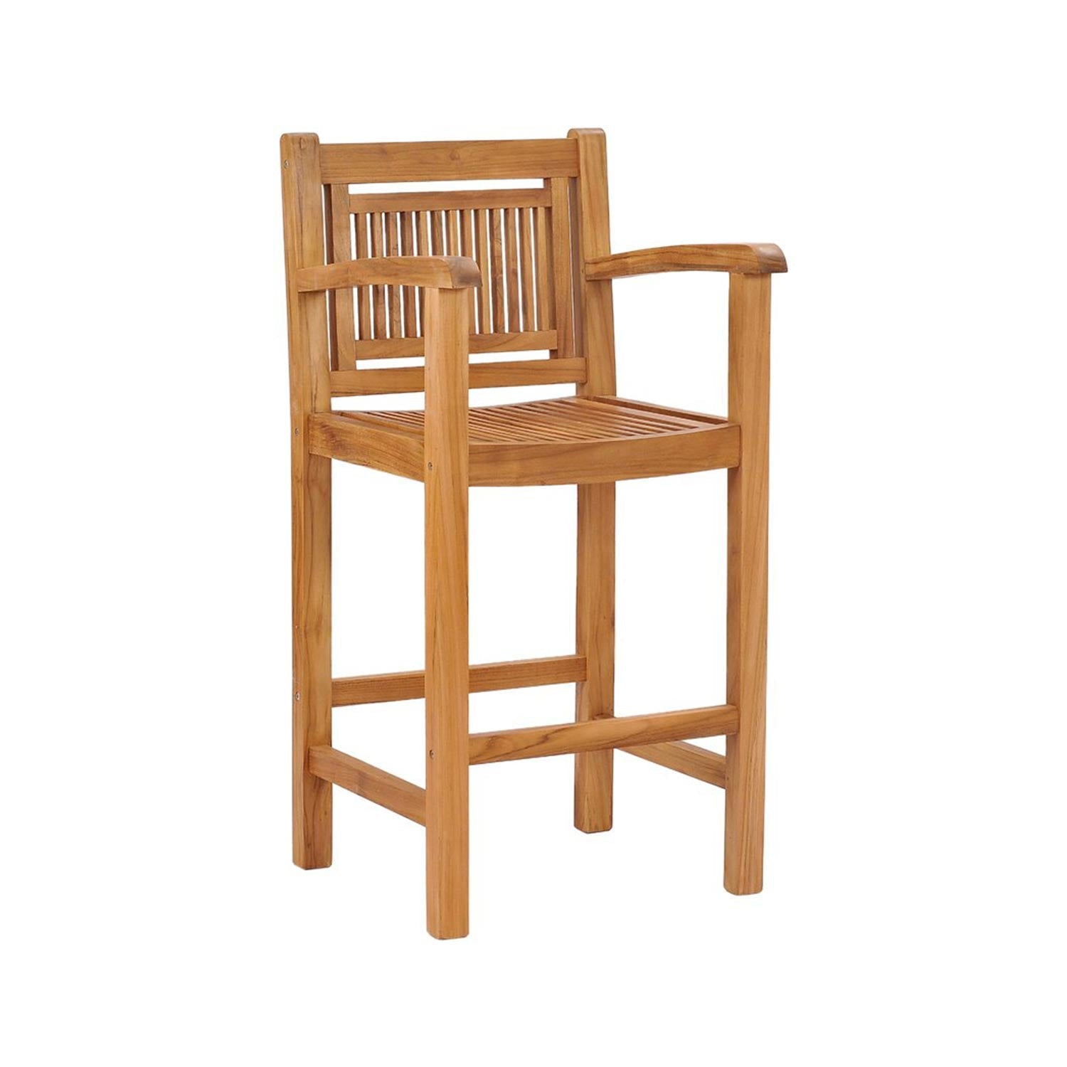 Natural teak outdoor bar stool with slatted seat and back, curved armrests and sturdy straight legs in a coastal-modern solid wood design.