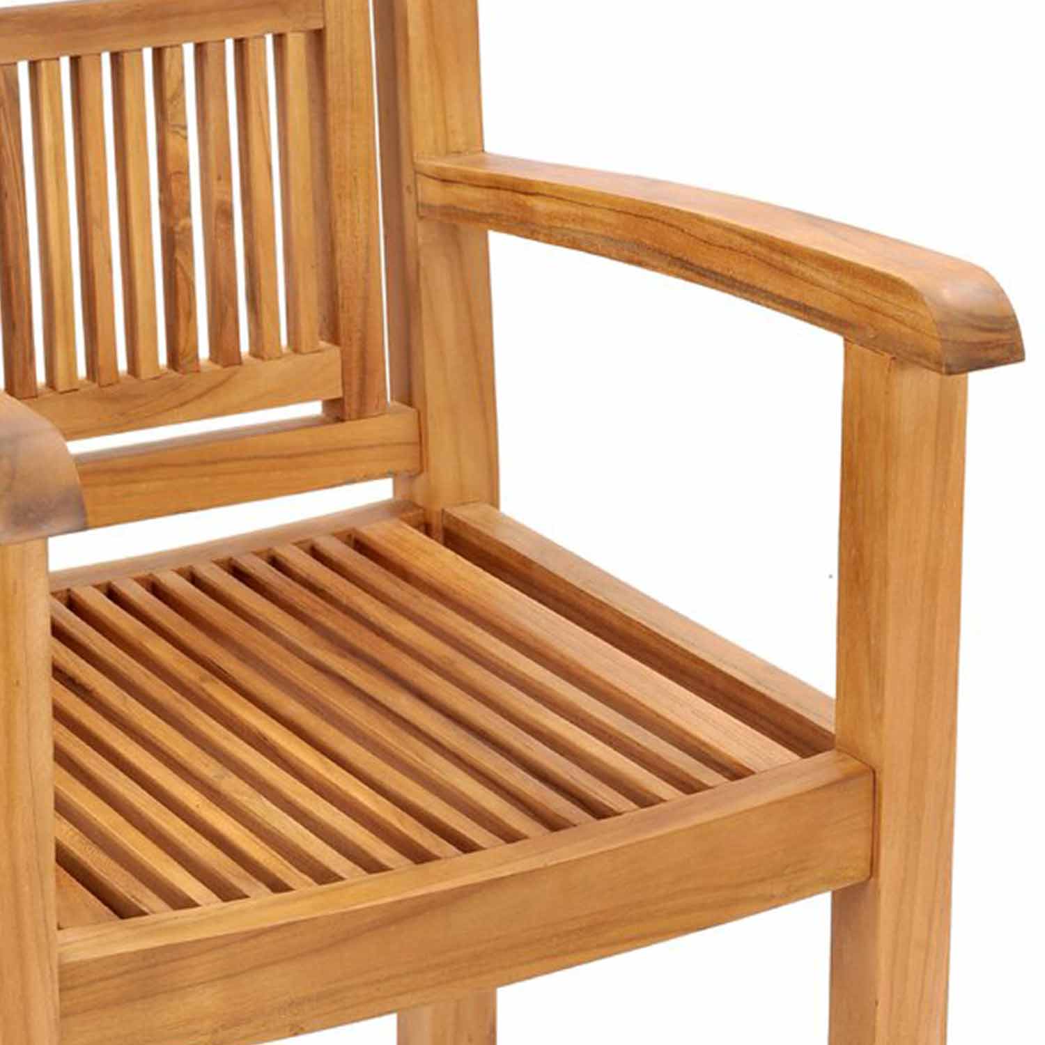 Close-up of a natural teak outdoor bar stool showing a slatted wood seat, vertical slatted back and a rounded armrest with warm teak grain and smooth finish.