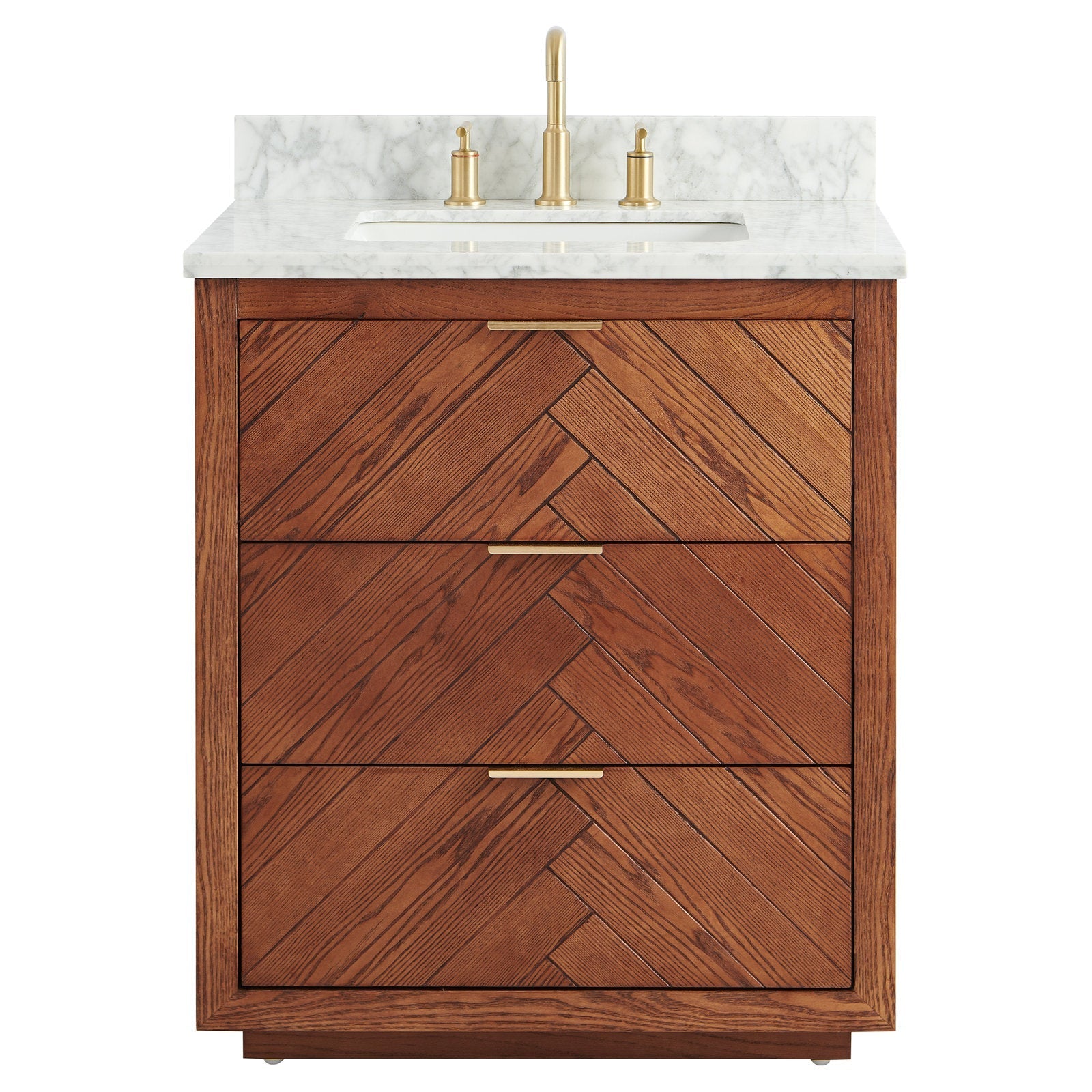 30-inch freestanding solid wood bathroom vanity with chevron-pattern drawer fronts in warm brown, white stone countertop and backsplash, undermount sink, and brushed brass faucet with slim brass pulls.