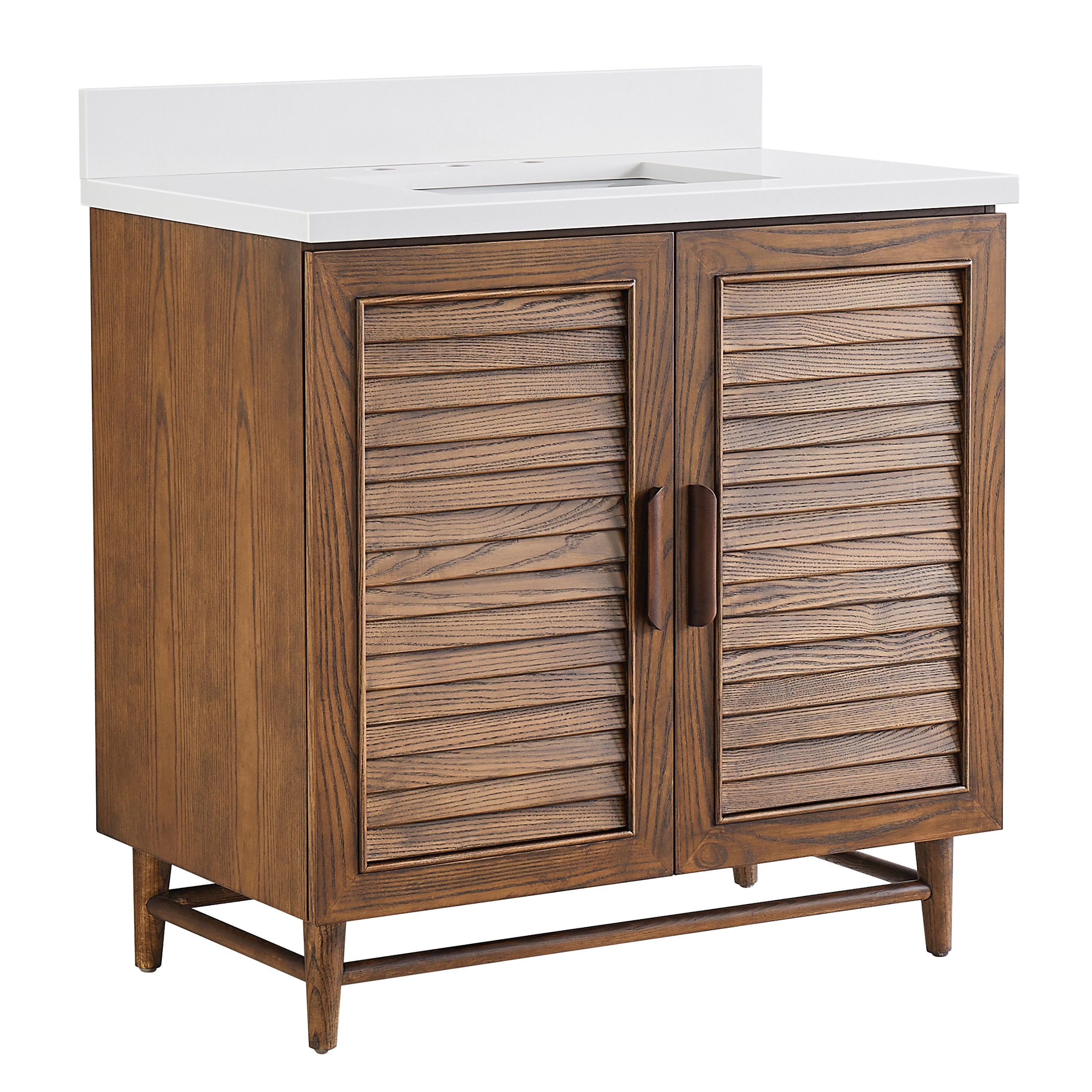 36-inch walnut bathroom vanity with white quartz top, rectangular undermount sink cutout, two louvered cabinet doors with metal handles, tapered legs and lower stretcher in a modern-rustic style.