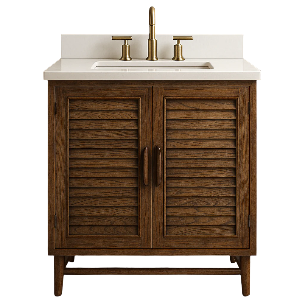 Walnut wood vanity with louvered double doors, white quartz countertop with short backsplash, integrated rectangular undermount sink and brass widespread faucet.