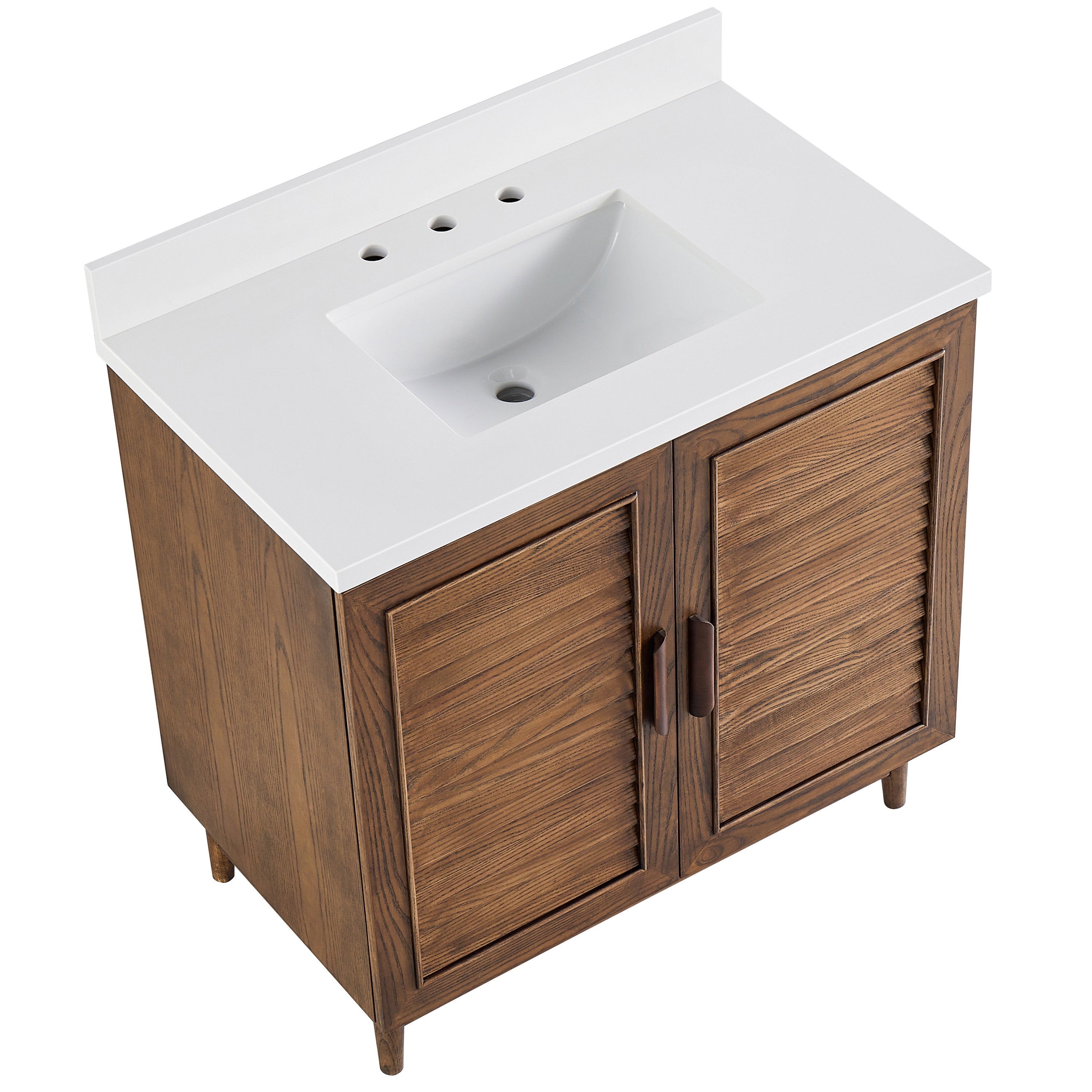 Top-down three-quarter view of a walnut wood bathroom vanity with a white quartz countertop, rectangular undermount sink with three faucet holes, louvered cabinet doors, dark metal handles and tapered legs.