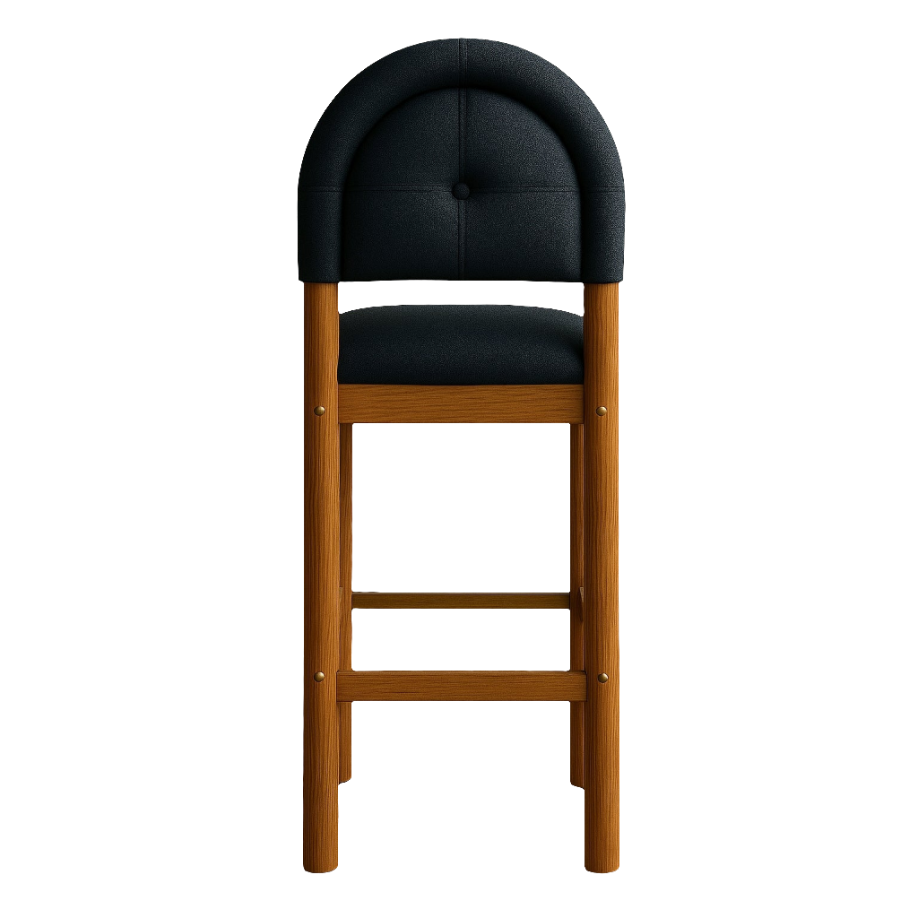 Front view of a bar stool with a natural teak frame and legs, black chenille upholstered cushioned seat and rounded arch back with a center button, and brass accent fasteners in a mid-century modern style.