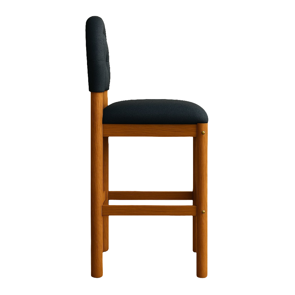 Side profile of a teak bar stool with a warm natural wood frame, black chenille-upholstered seat and low padded back, visible brass accent screws and a wooden footrest.