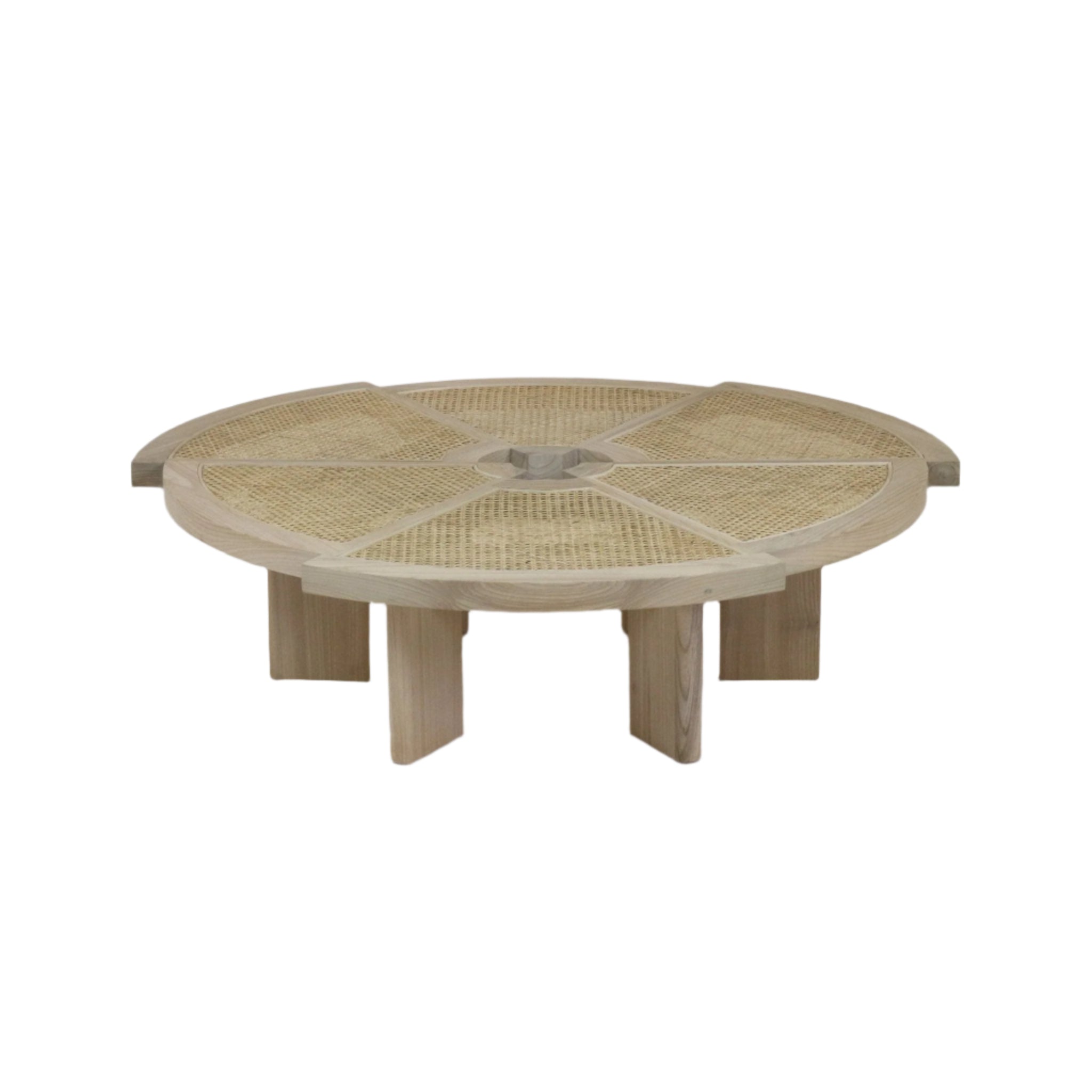 Low round coffee table in natural blonde oak with a woven cane top divided into radial panels around a carved central hub, supported by short solid oak legs for a modern, mid‑century look.