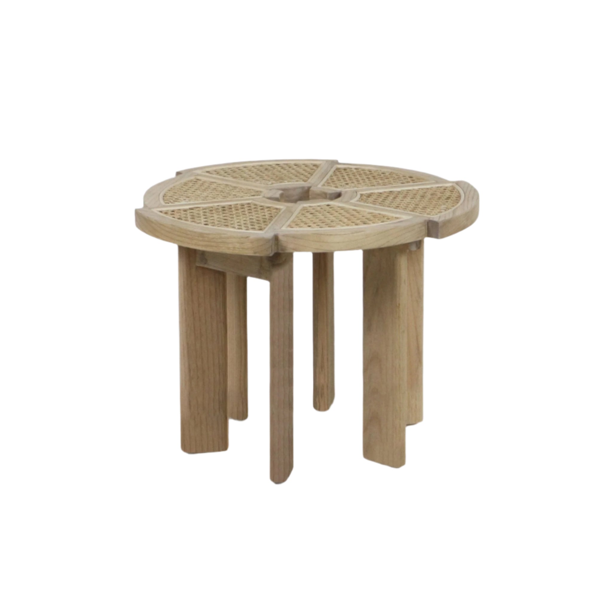 Round natural oak side table with a segmented woven rattan cane top and six solid wood legs in a mid-century modern style, shown against a white background.