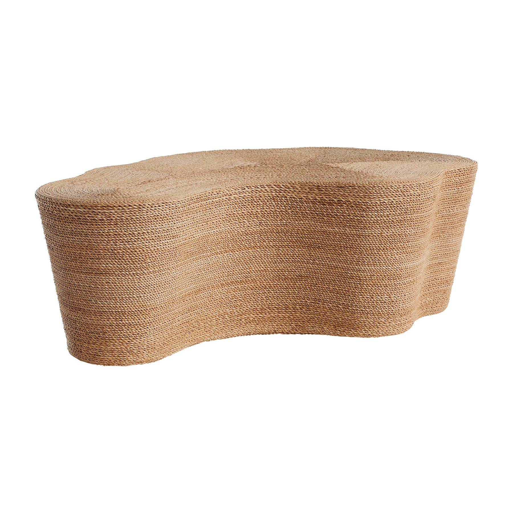 Low kidney-shaped coffee table in natural abaca with tightly woven rope texture and smooth curved sides, shown on a white background.
