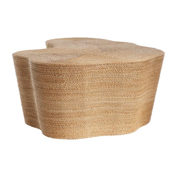 Low two-lobed coffee table wrapped in natural woven abaca rope, with a warm beige finish and rounded sides for a modern, organic look.