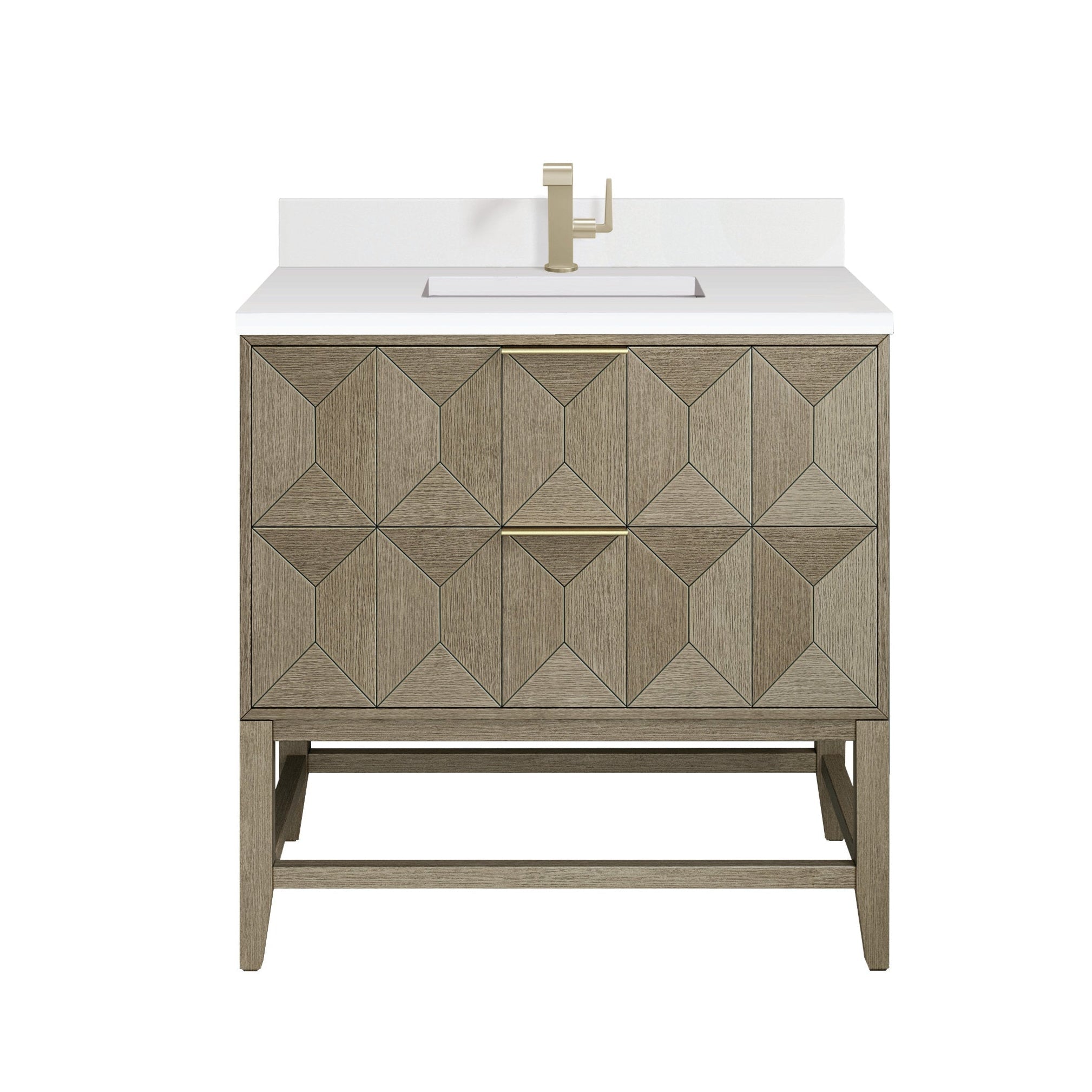 36-inch modern freestanding single-sink bathroom vanity in natural wood with geometric paneled front, white stone quartz top, rectangular undermount sink and brass single-hole faucet.