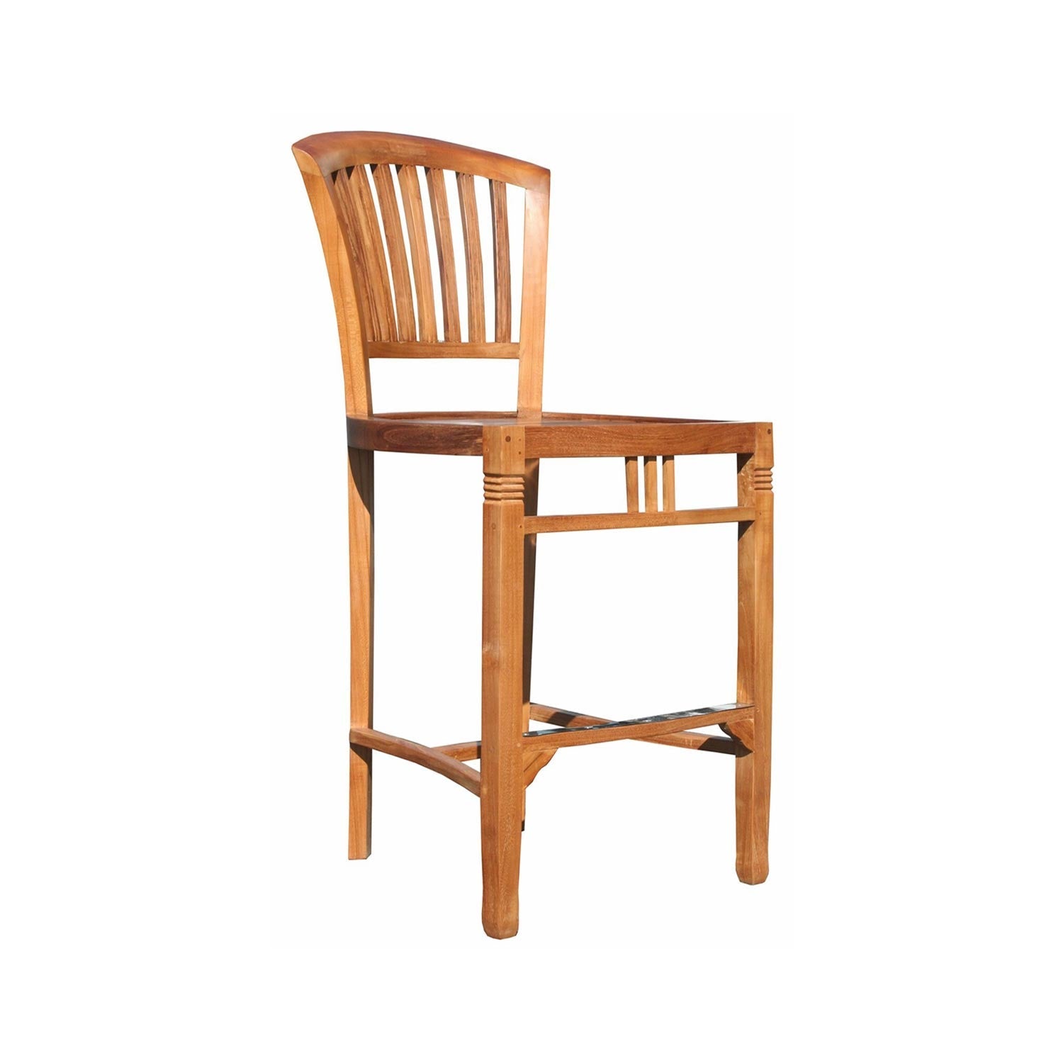 Armless teak bar stool with a curved slatted back, solid wood square frame and integrated footrest, finished in natural teak for coastal outdoor seating.