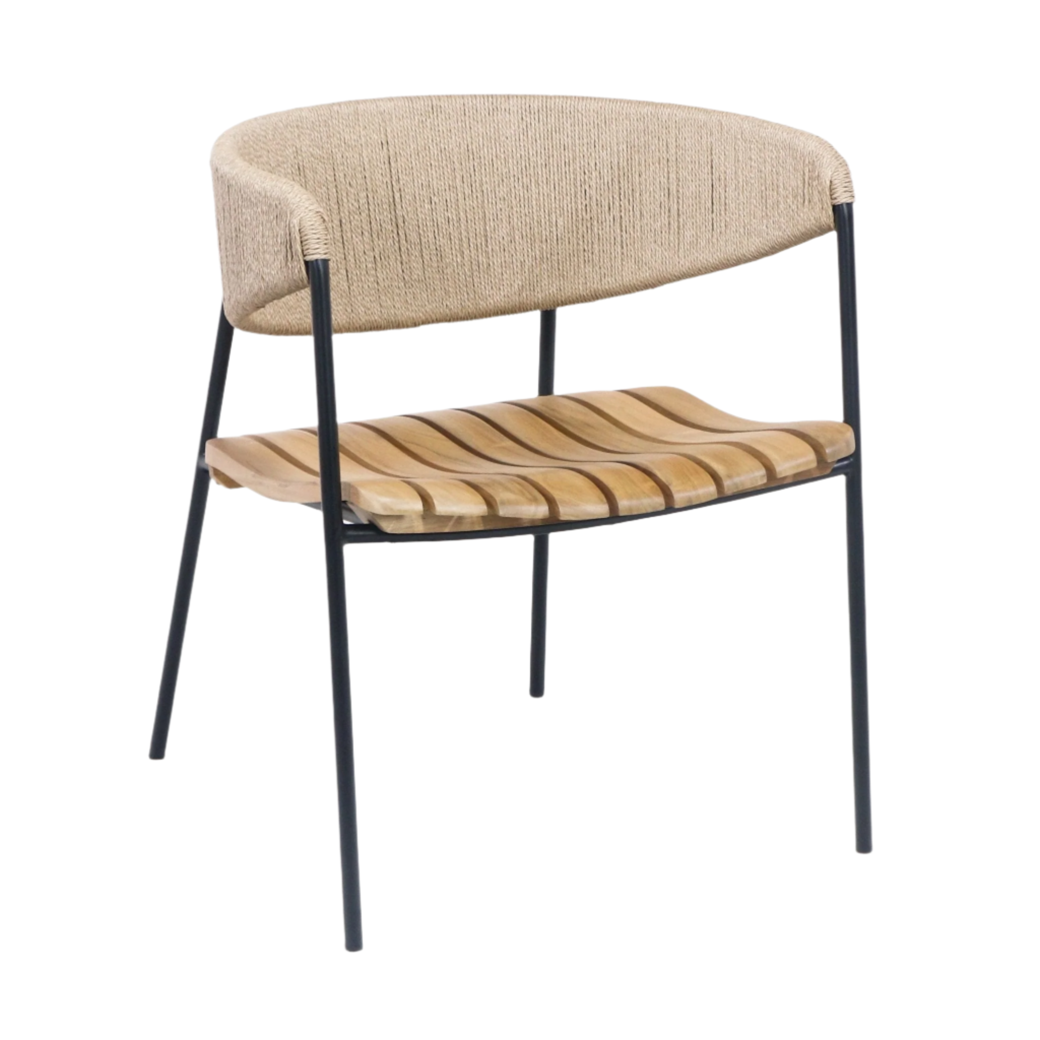 Coastal-contemporary dining chair with a slatted teak wood seat, natural rush-wrapped backrest and slim black metal frame.