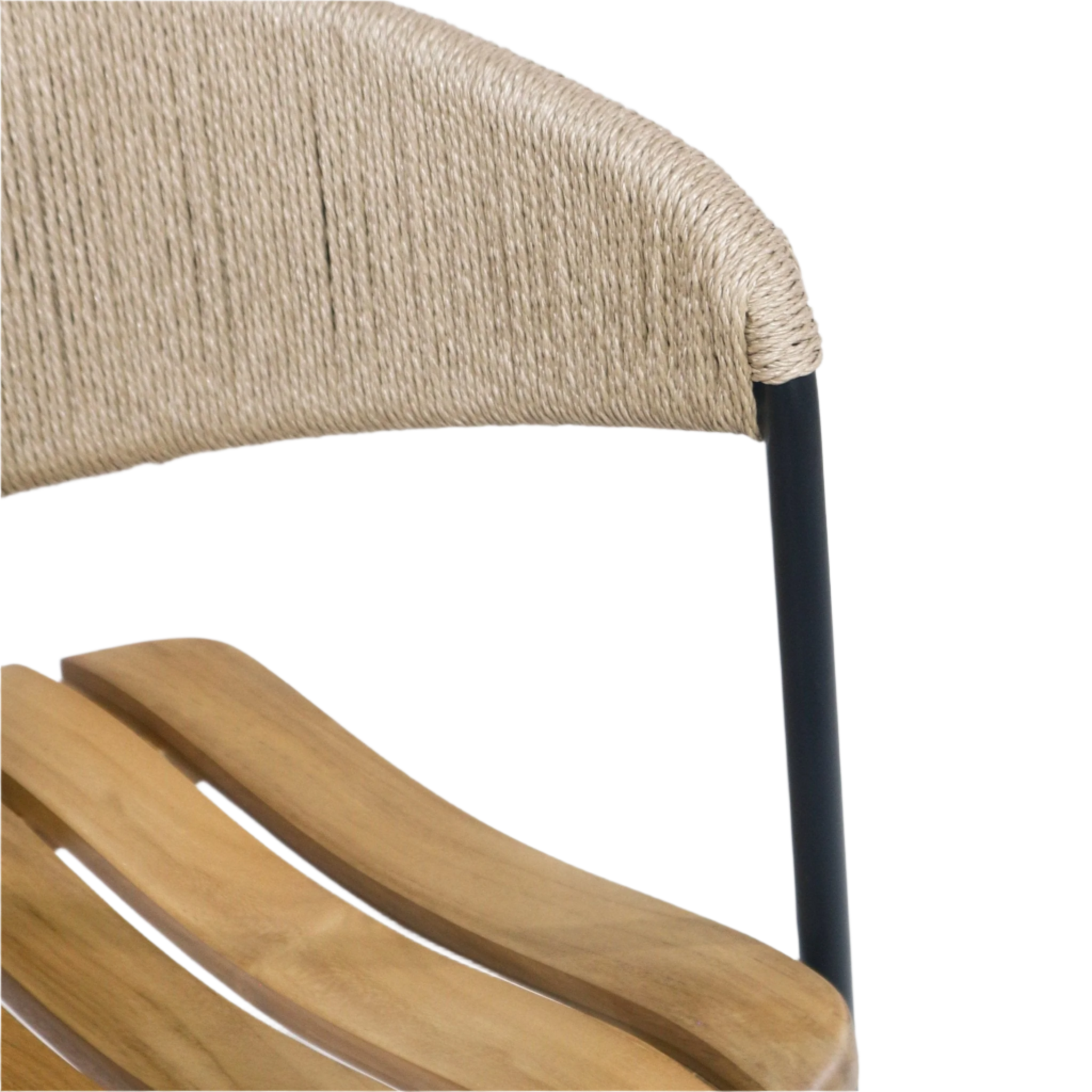 Close-up of a dining chair showing a natural teak slatted seat, beige rush webbing backrest and a matte black metal frame.