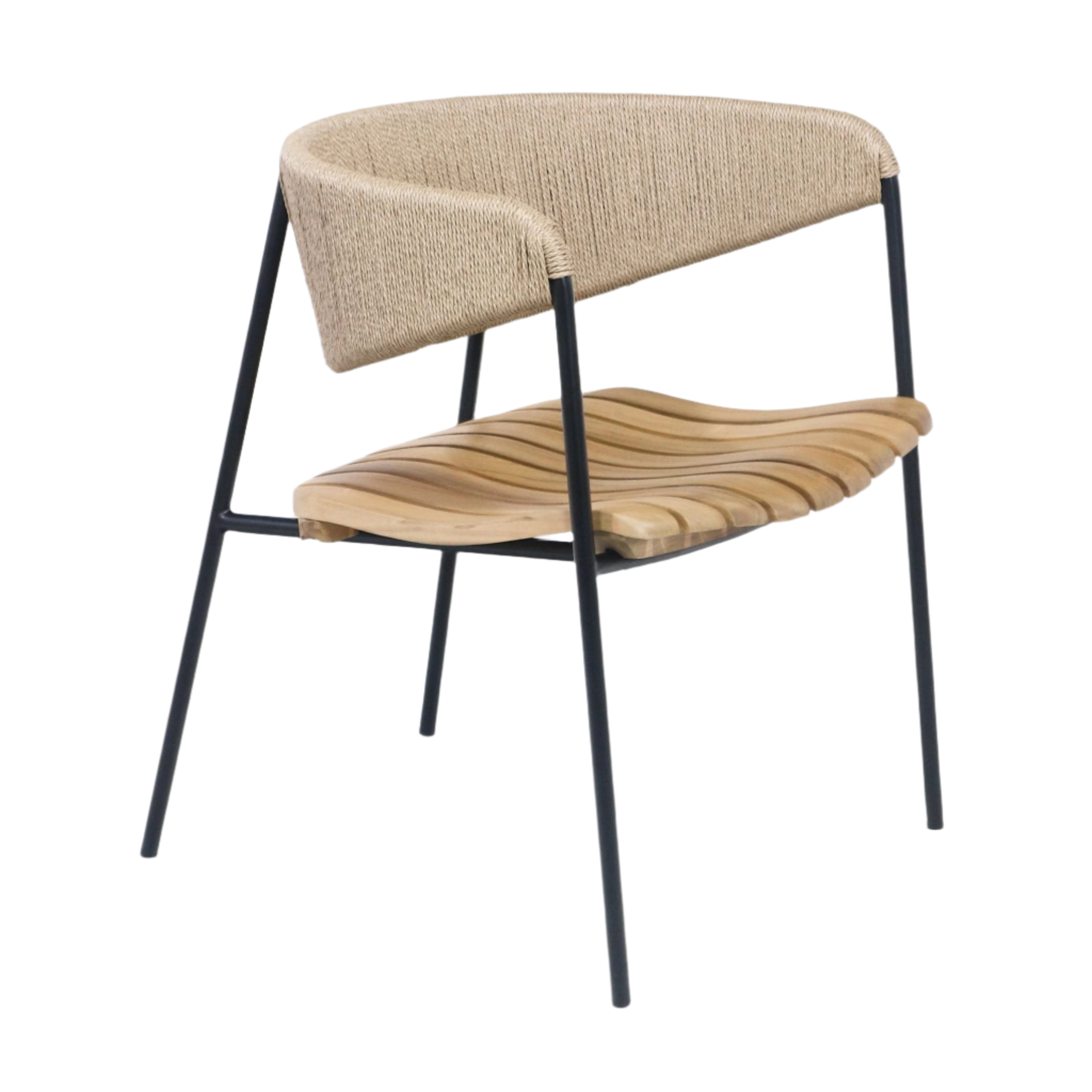 Contemporary coastal dining chair with a contoured teak slatted seat, beige rush-webbed backrest and slim black metal frame.